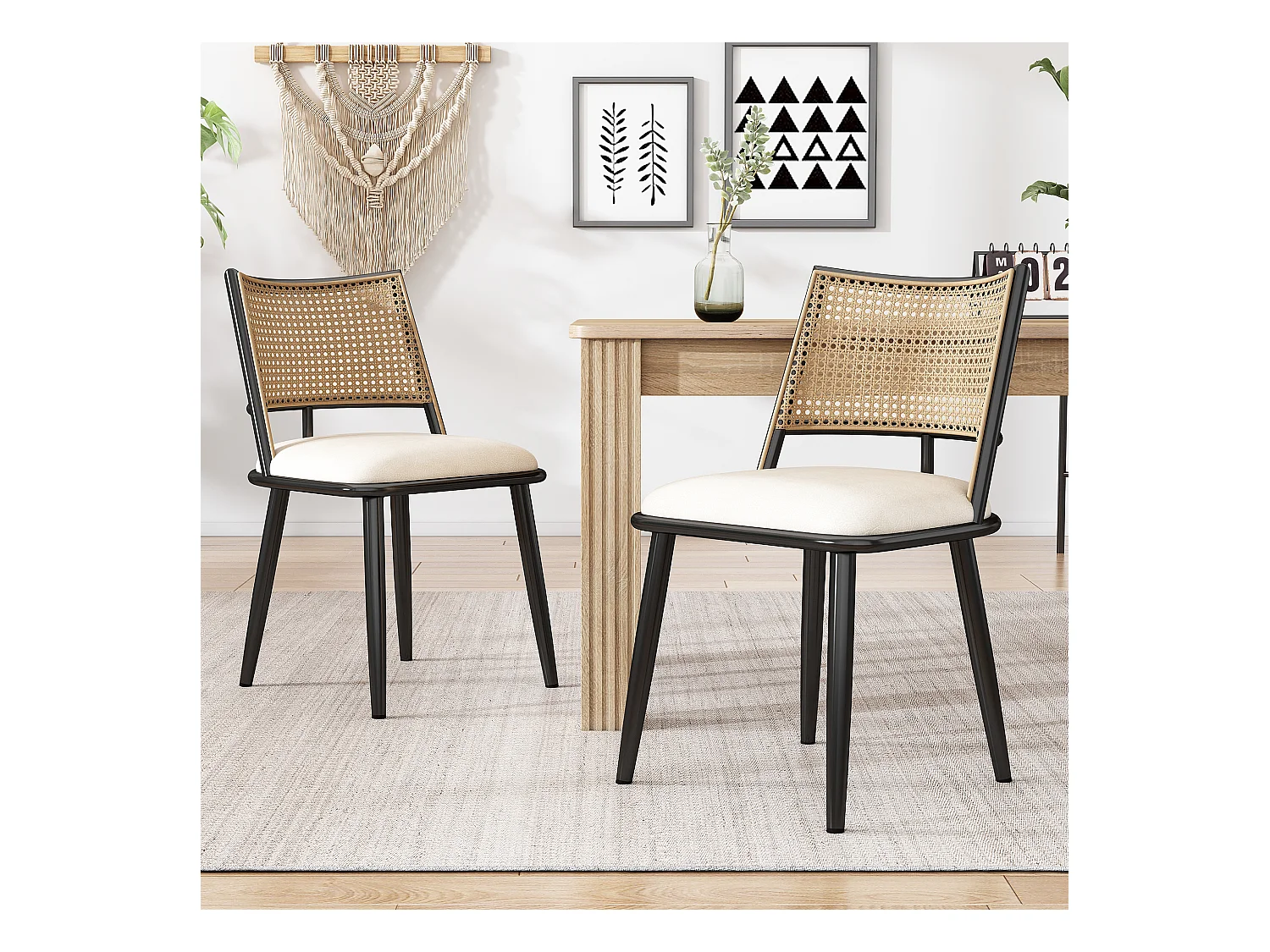 Lot de 2 Fauteuils en rotin et Assise rembourrée en PU, noir