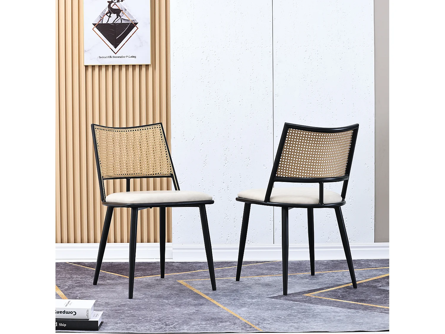Lot de 2 Fauteuils en rotin et Assise rembourrée en PU, noir