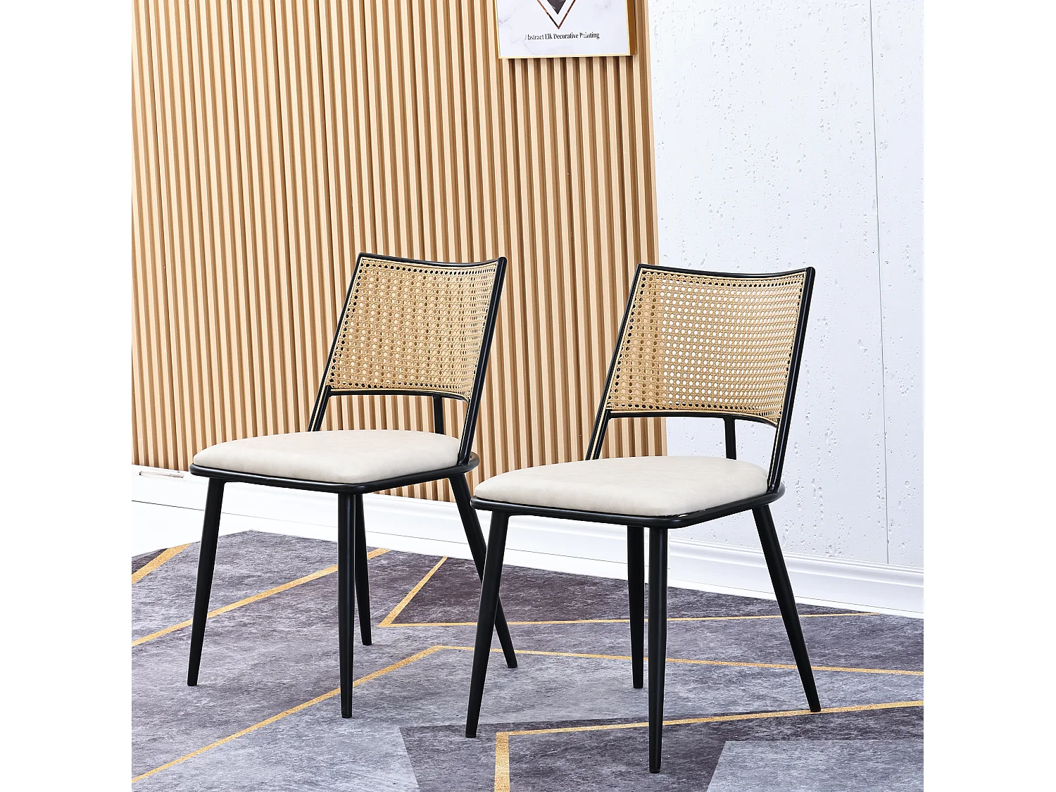 Lot de 2 Fauteuils en rotin et Assise rembourrée en PU, noir