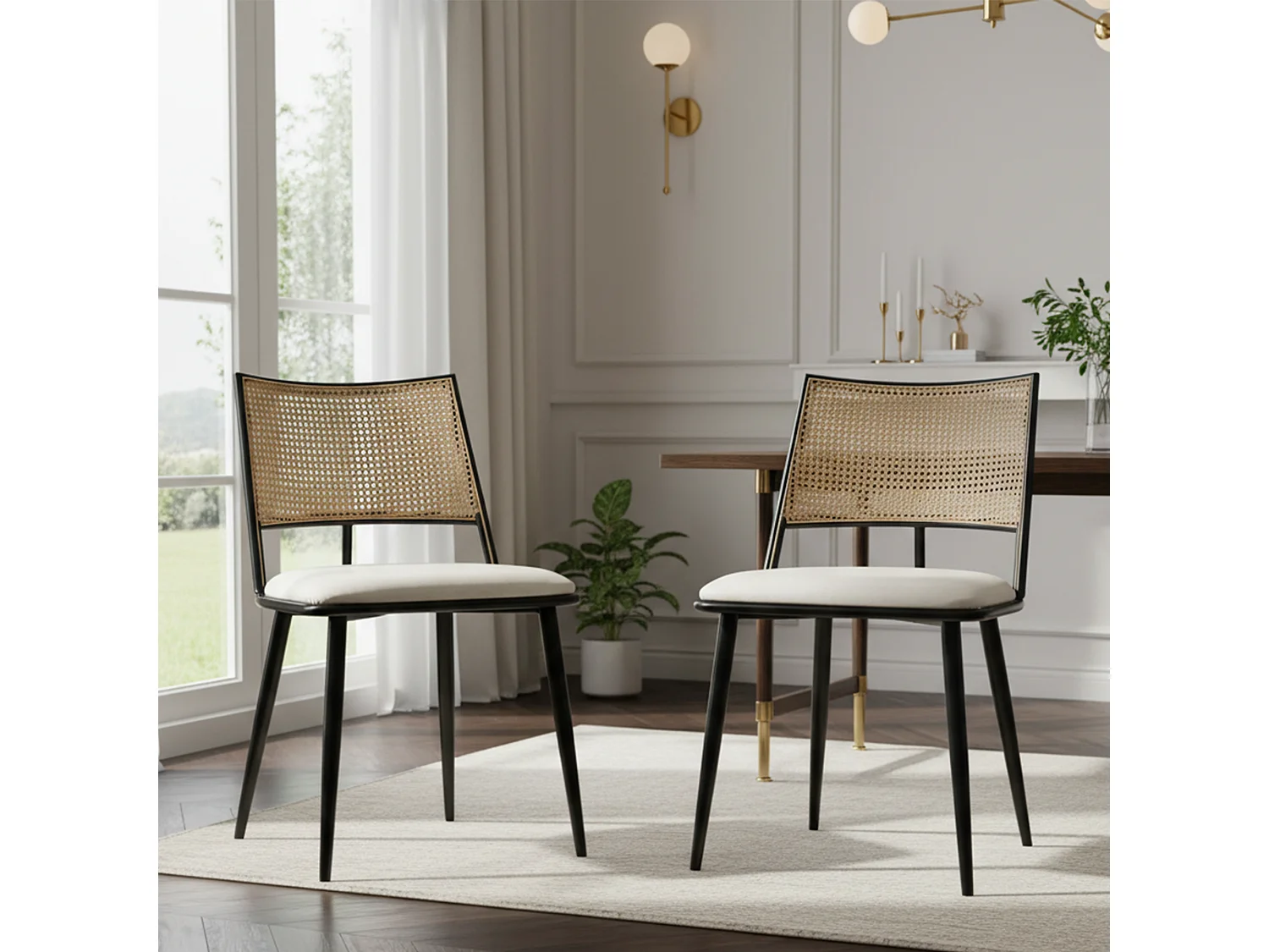 Lot de 2 Fauteuils en rotin et Assise rembourrée en PU, noir