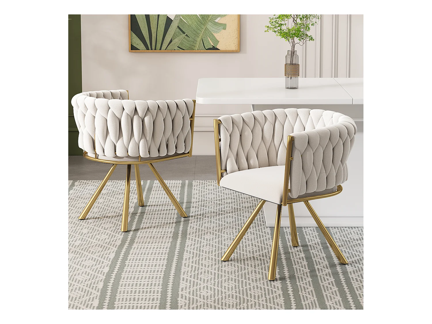 Lot de 2 chaises pivotantes avec accoudoirs en velours beige et métal doré