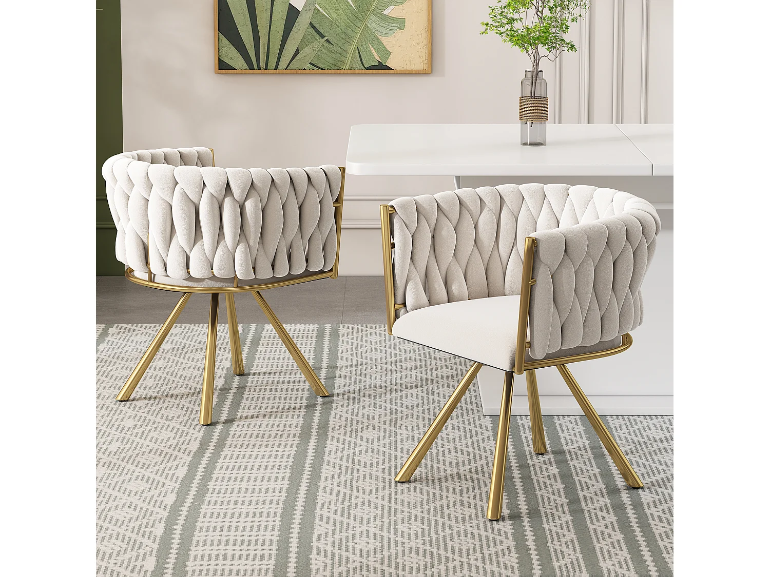 Lot de 2 chaises pivotantes avec accoudoirs en velours beige et métal doré