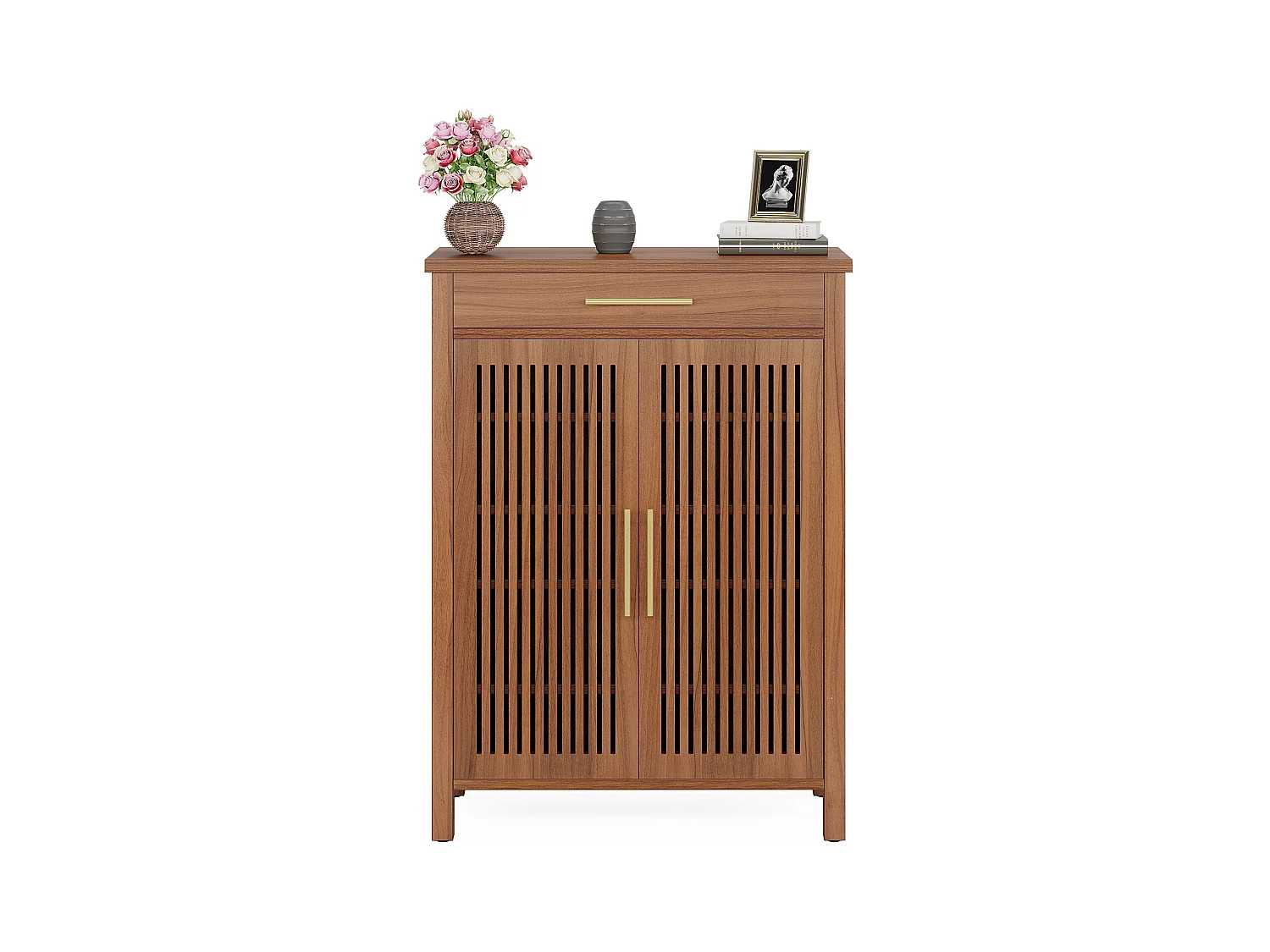 Smalle 5-laags schoenenkast met lamellendeuren en lade, 80 x 36 x 110 cm, bruin