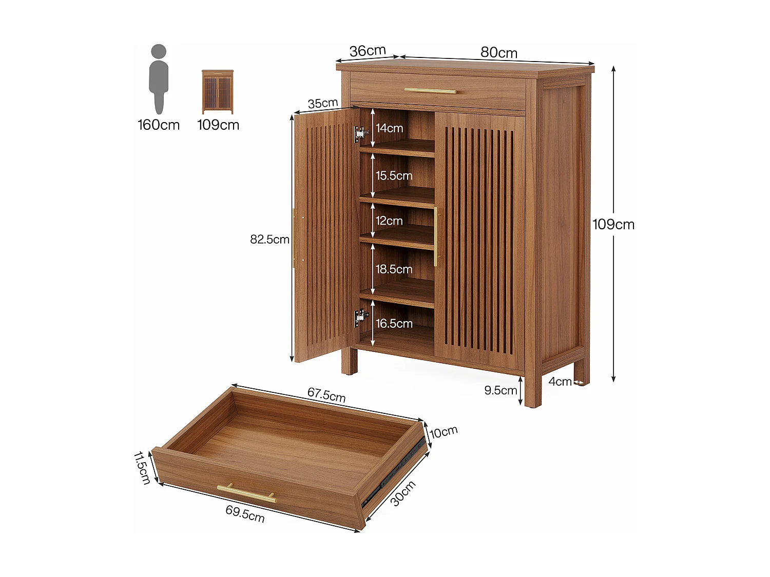 Smalle 5-laags schoenenkast met lamellendeuren en lade, 80 x 36 x 110 cm, bruin