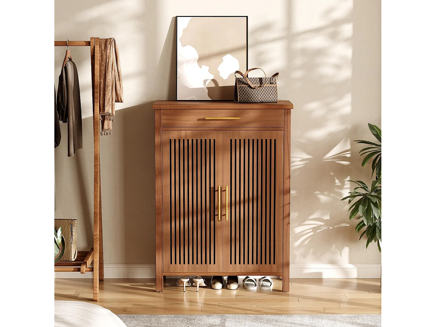 Smalle 5-laags schoenenkast met lamellendeuren en lade, 80 x 36 x 110 cm, bruin