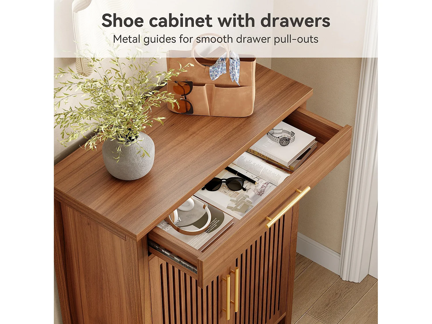 Smalle 5-laags schoenenkast met lamellendeuren en lade, 80 x 36 x 110 cm, bruin