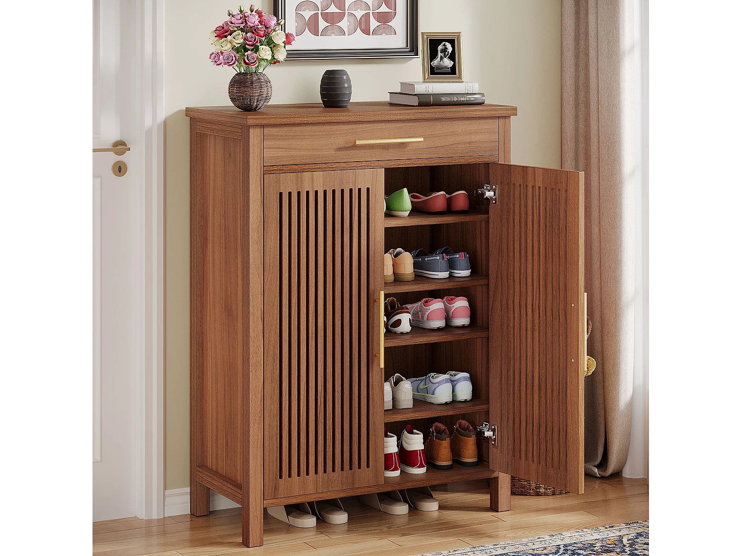 Smalle 5-laags schoenenkast met lamellendeuren en lade, 80 x 36 x 110 cm, bruin