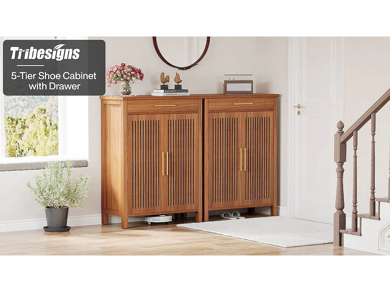 Armoire à chaussures étroite à 5 étages avec portes à lamelles et tiroir, 80 x 36 x 110 cm, marron