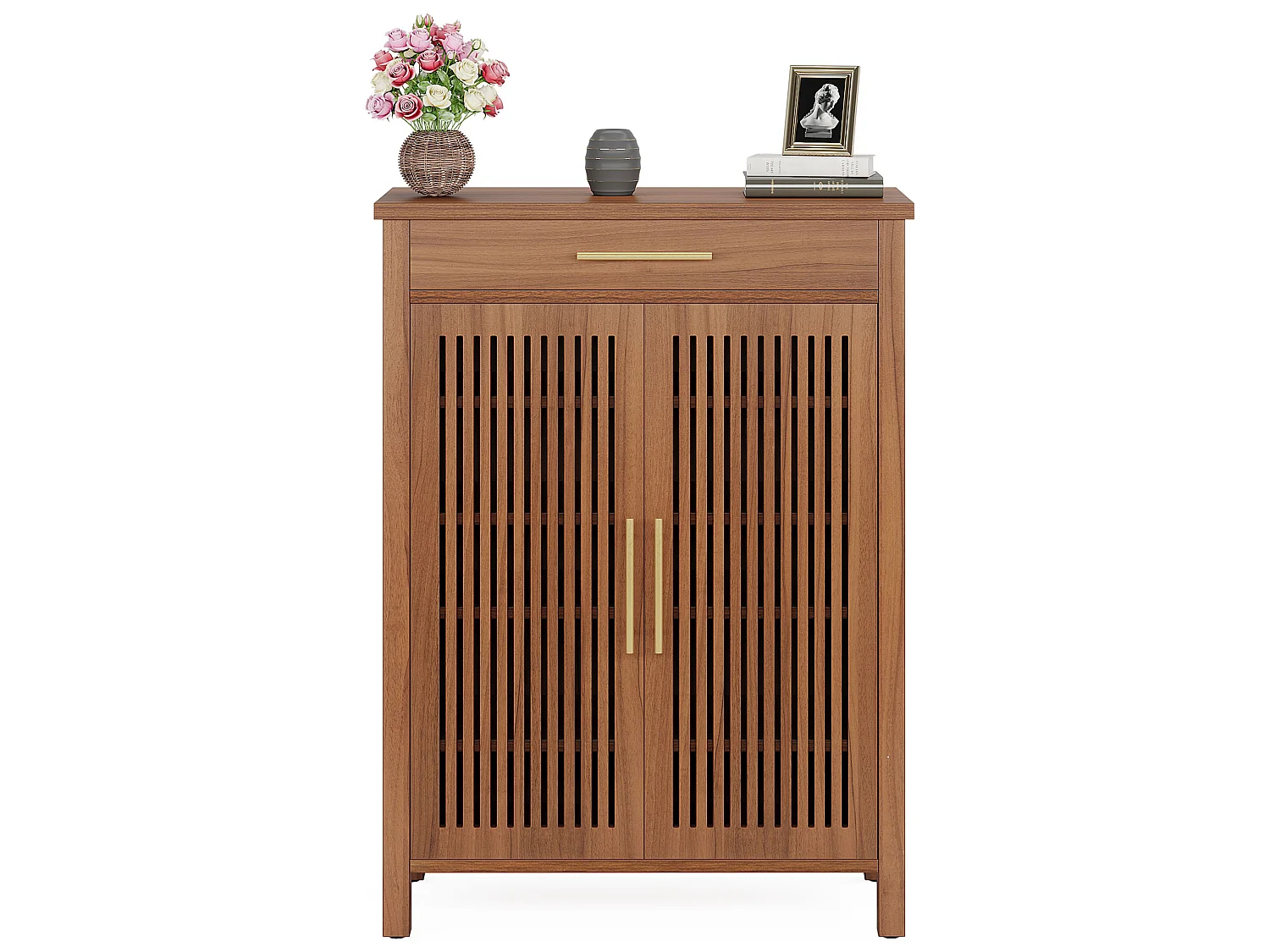 Armoire à chaussures étroite à 5 étages avec portes à lamelles et tiroir, 80 x 36 x 110 cm, marron