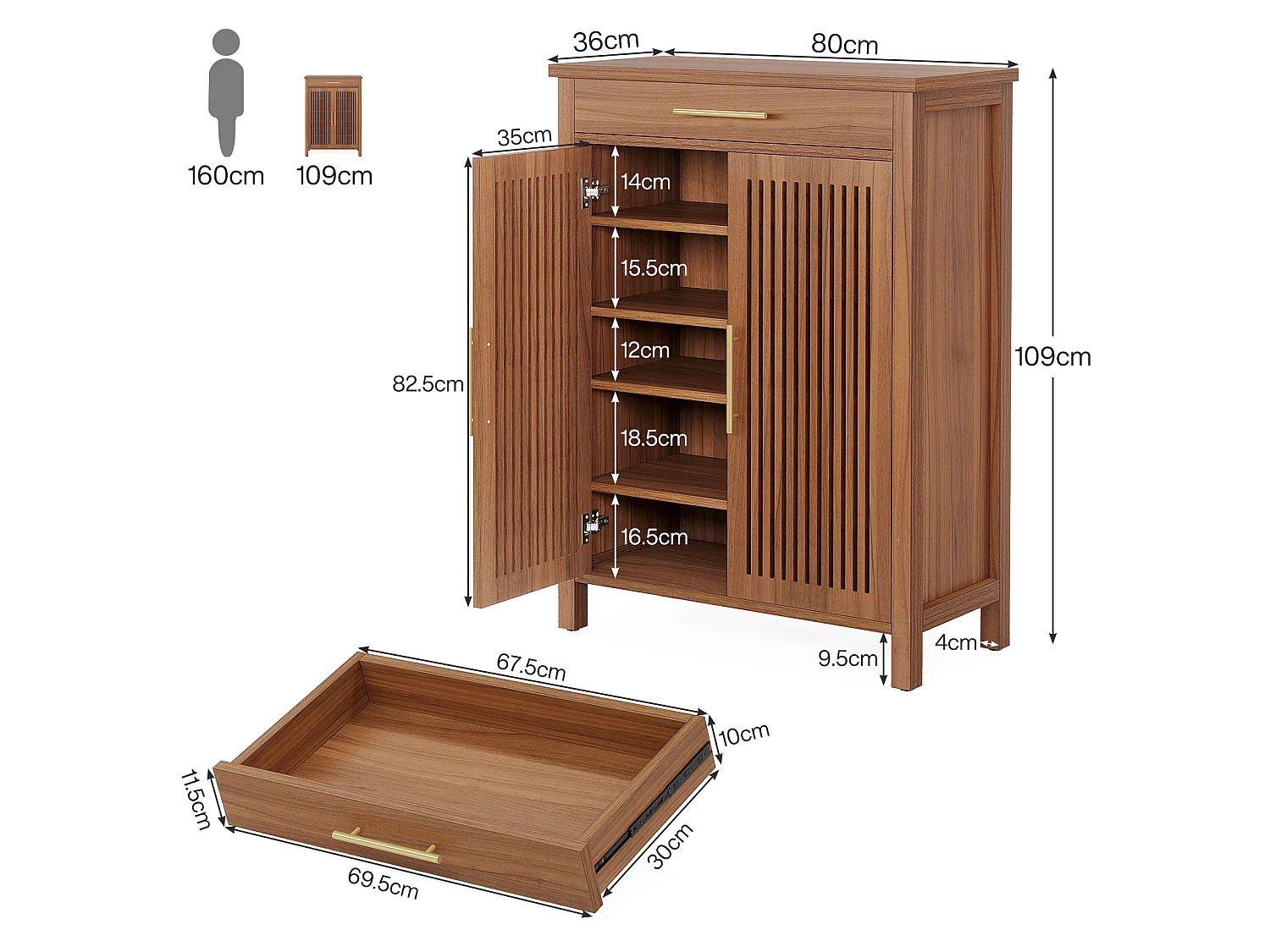Armoire à chaussures étroite à 5 étages avec portes à lamelles et tiroir, 80 x 36 x 110 cm, marron