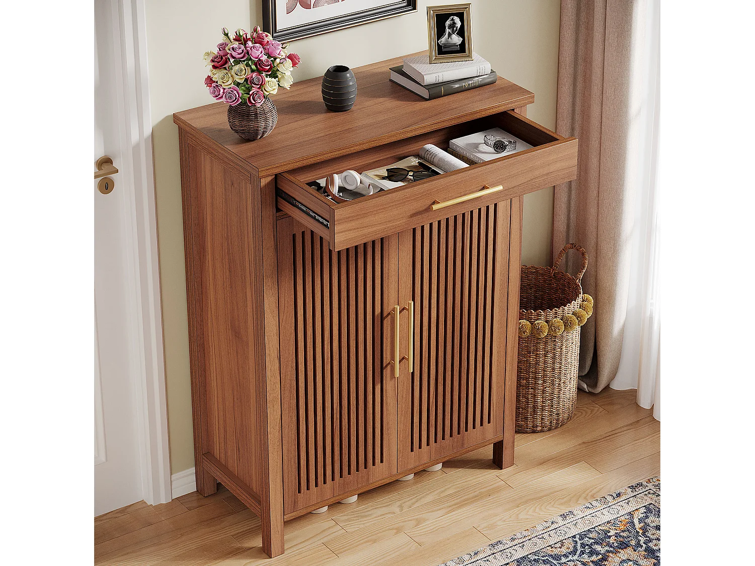 Armoire à chaussures étroite à 5 étages avec portes à lamelles et tiroir, 80 x 36 x 110 cm, marron