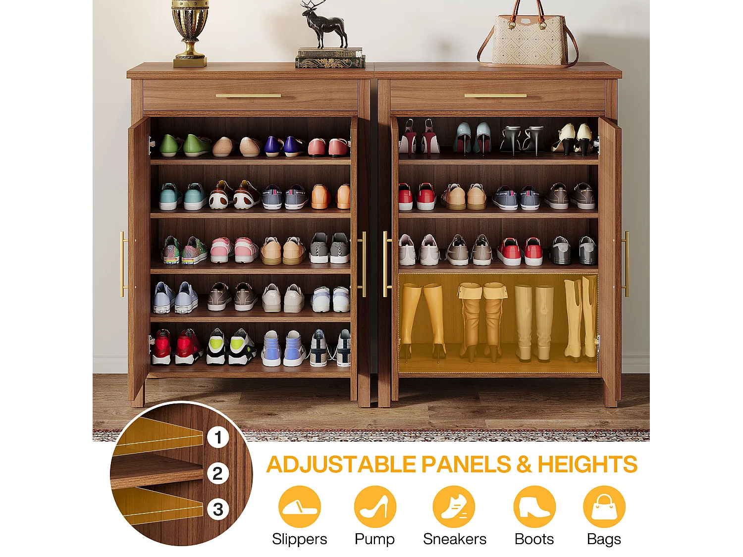 Armoire à chaussures étroite à 5 étages avec portes à lamelles et tiroir, 80 x 36 x 110 cm, marron