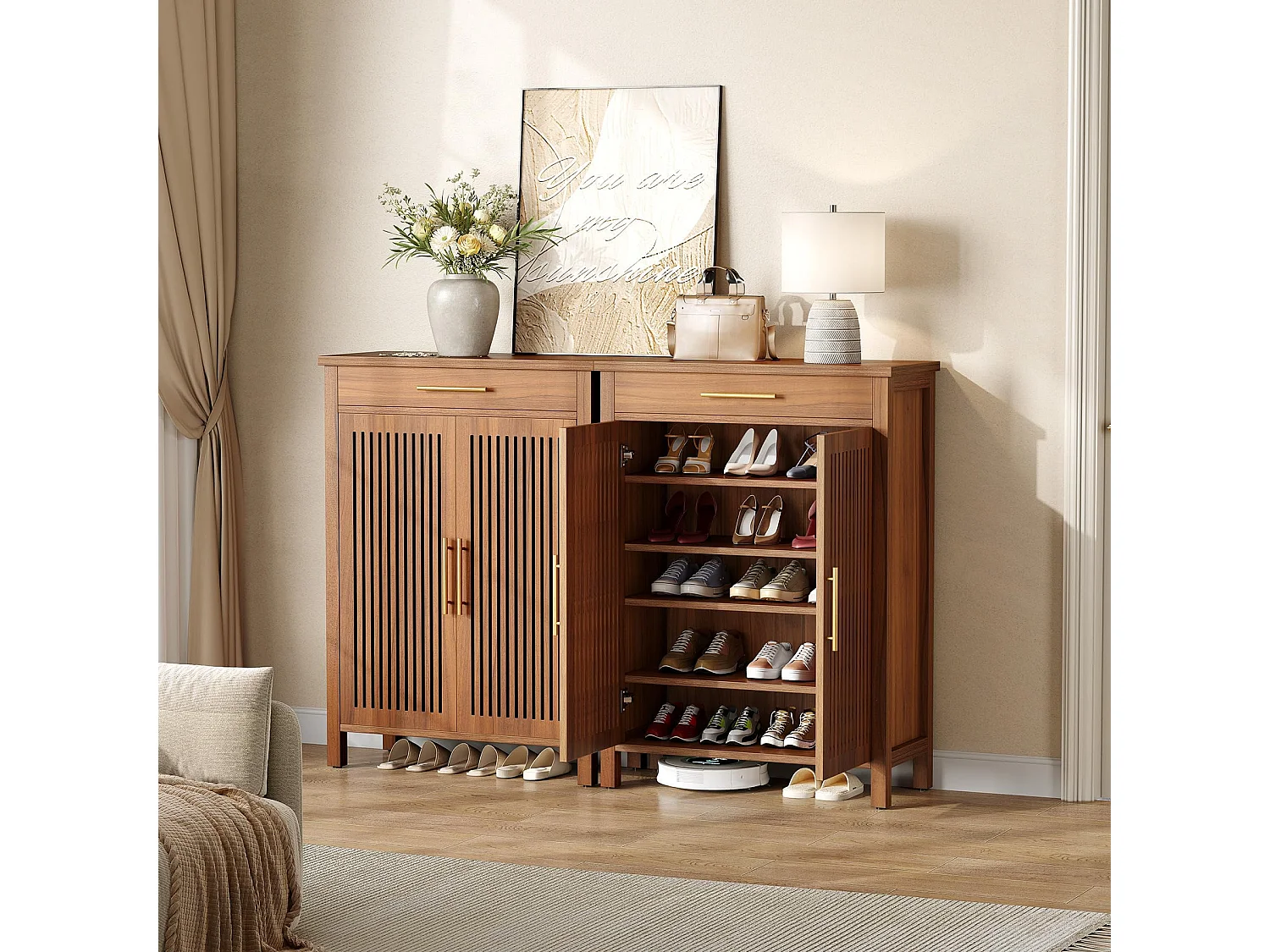 Armoire à chaussures étroite à 5 étages avec portes à lamelles et tiroir, 80 x 36 x 110 cm, marron