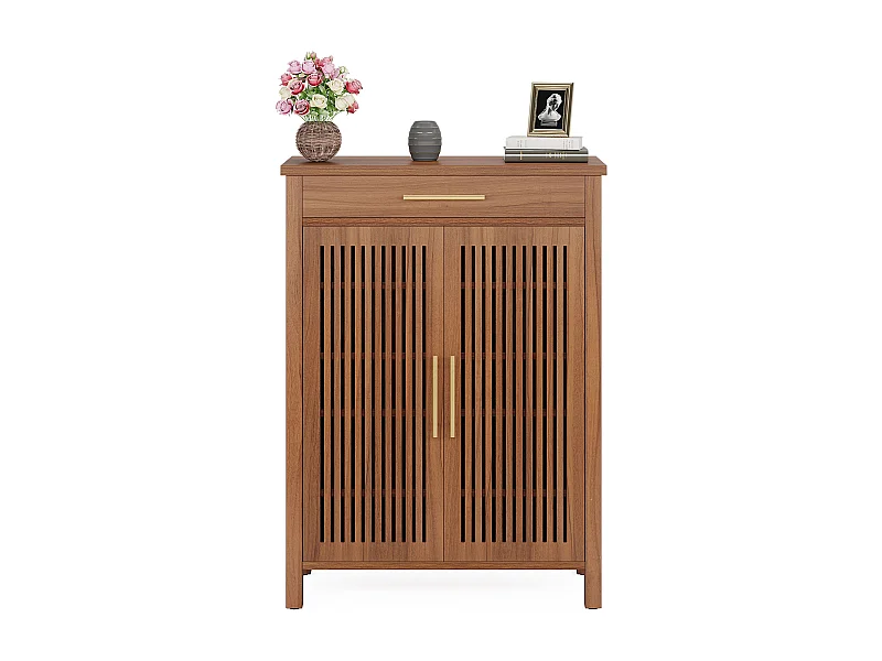 Smalle 5-laags schoenenkast met lamellendeuren en lade, 80 x 36 x 110 cm, bruin