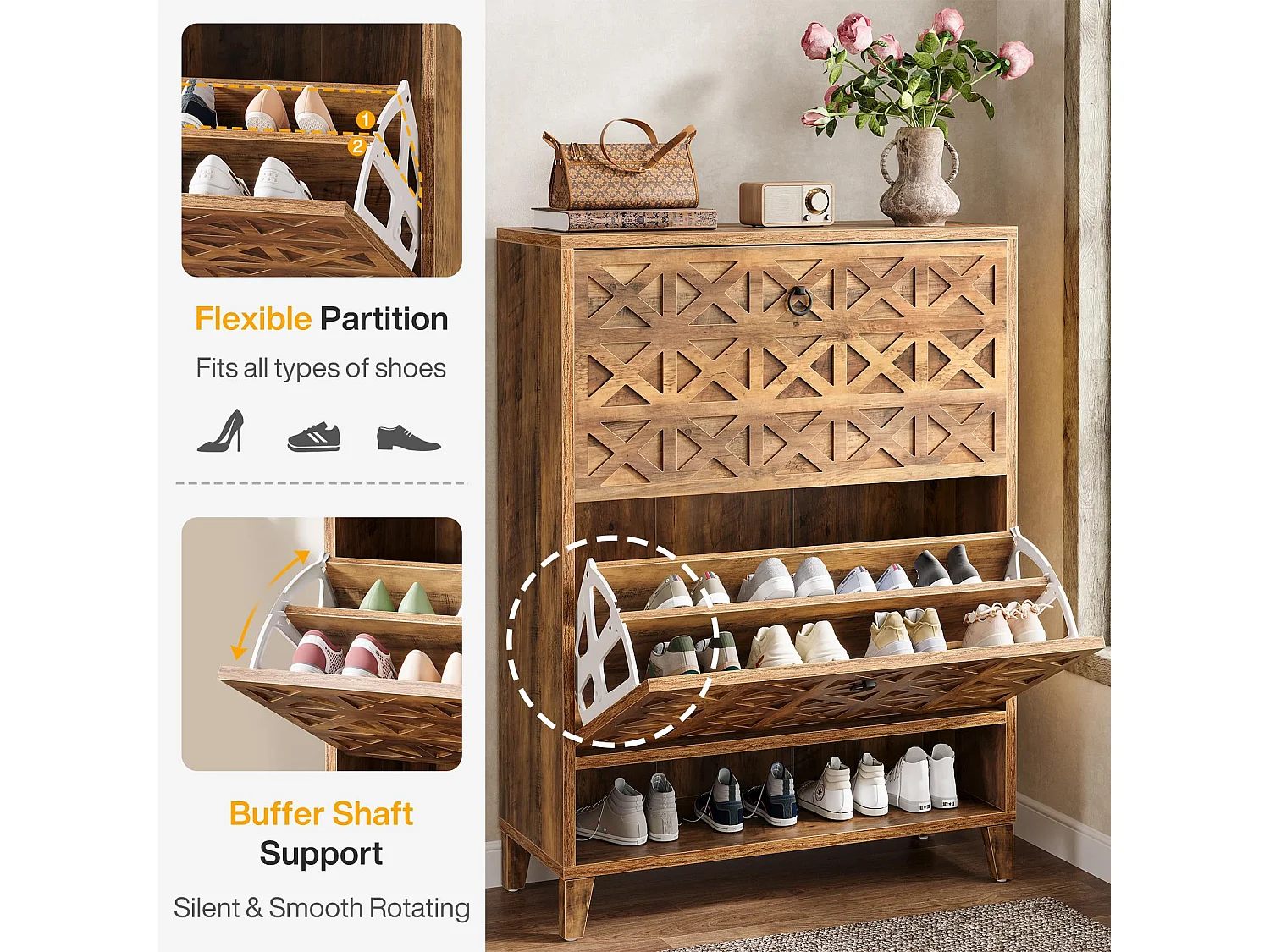 Meuble à chaussures avec 2 tiroirs à rabat, meuble de rangement, 20 paires d'armoires , 80x24x110 cm