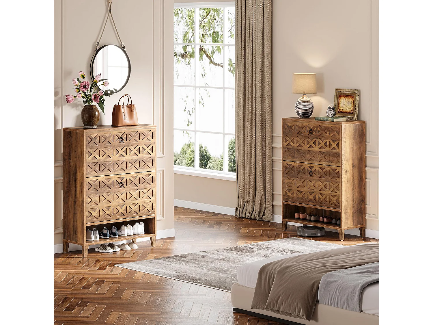 Meuble à chaussures avec 2 tiroirs à rabat, meuble de rangement, 20 paires d'armoires , 80x24x110 cm