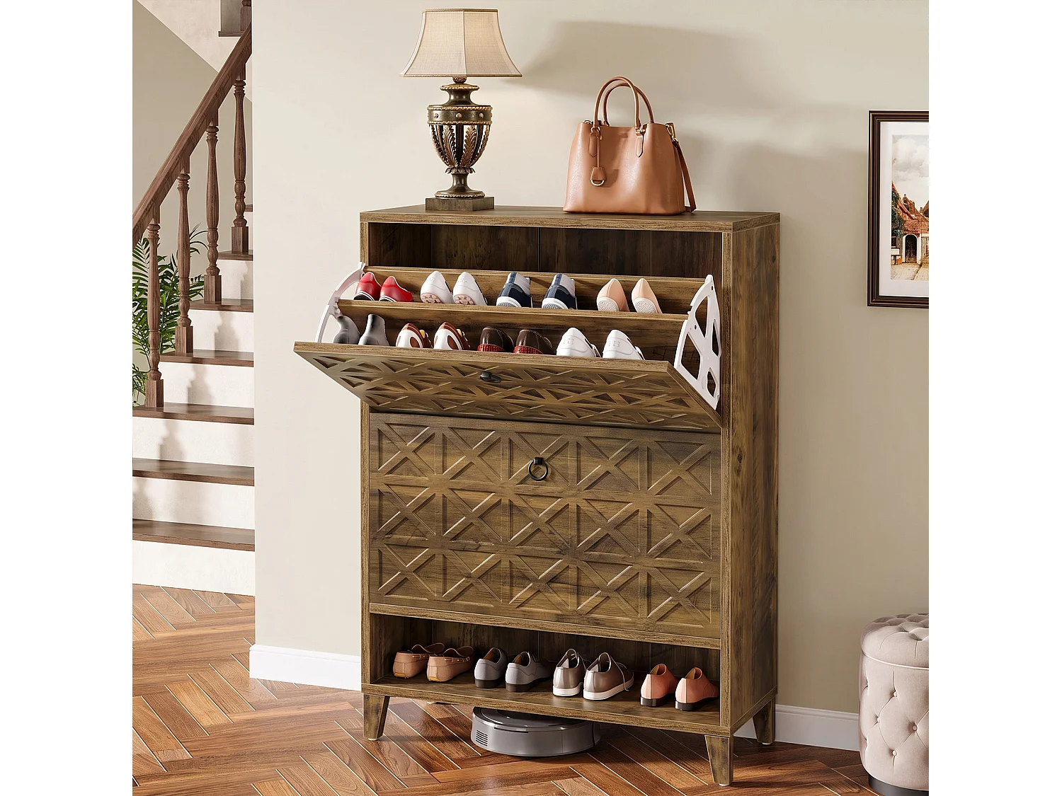 Meuble à chaussures avec 2 tiroirs à rabat, meuble de rangement, 20 paires d'armoires , 80x24x110 cm