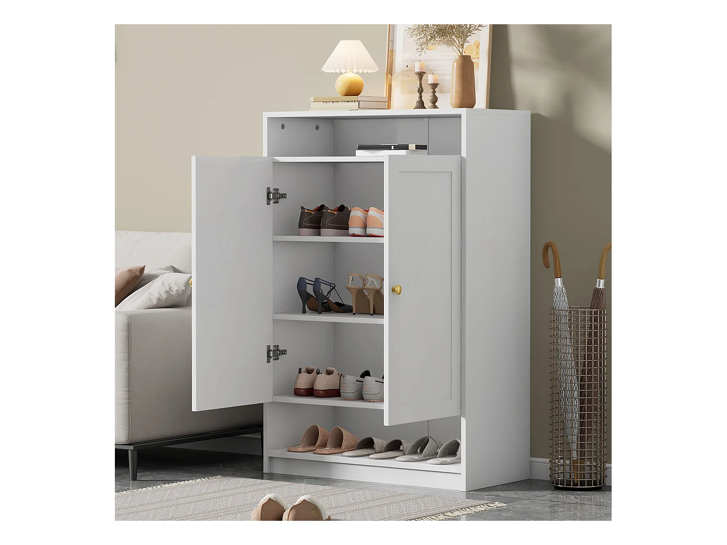 Nowoczesna szafka na buty - 73 x 34 x 109 - z regulowanymi półkami + 2 drzwi - płyta wiórowa - biała