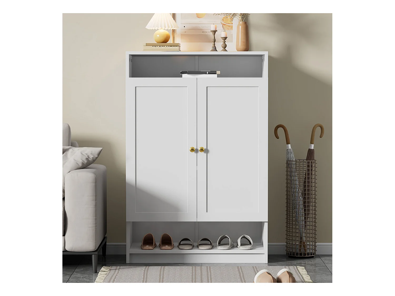 Nowoczesna szafka na buty - 73 x 34 x 109 - z regulowanymi półkami + 2 drzwi - płyta wiórowa - biała