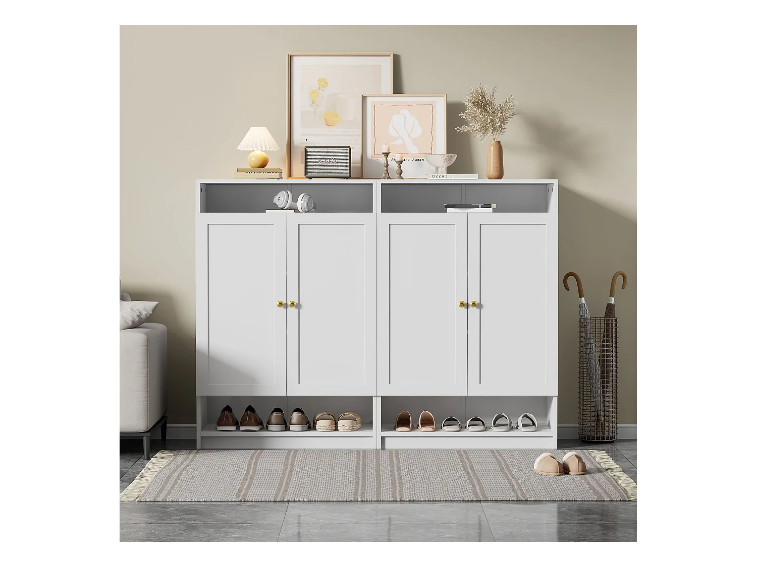 Nowoczesna szafka na buty - 73 x 34 x 109 - z regulowanymi półkami + 2 drzwi - płyta wiórowa - biała