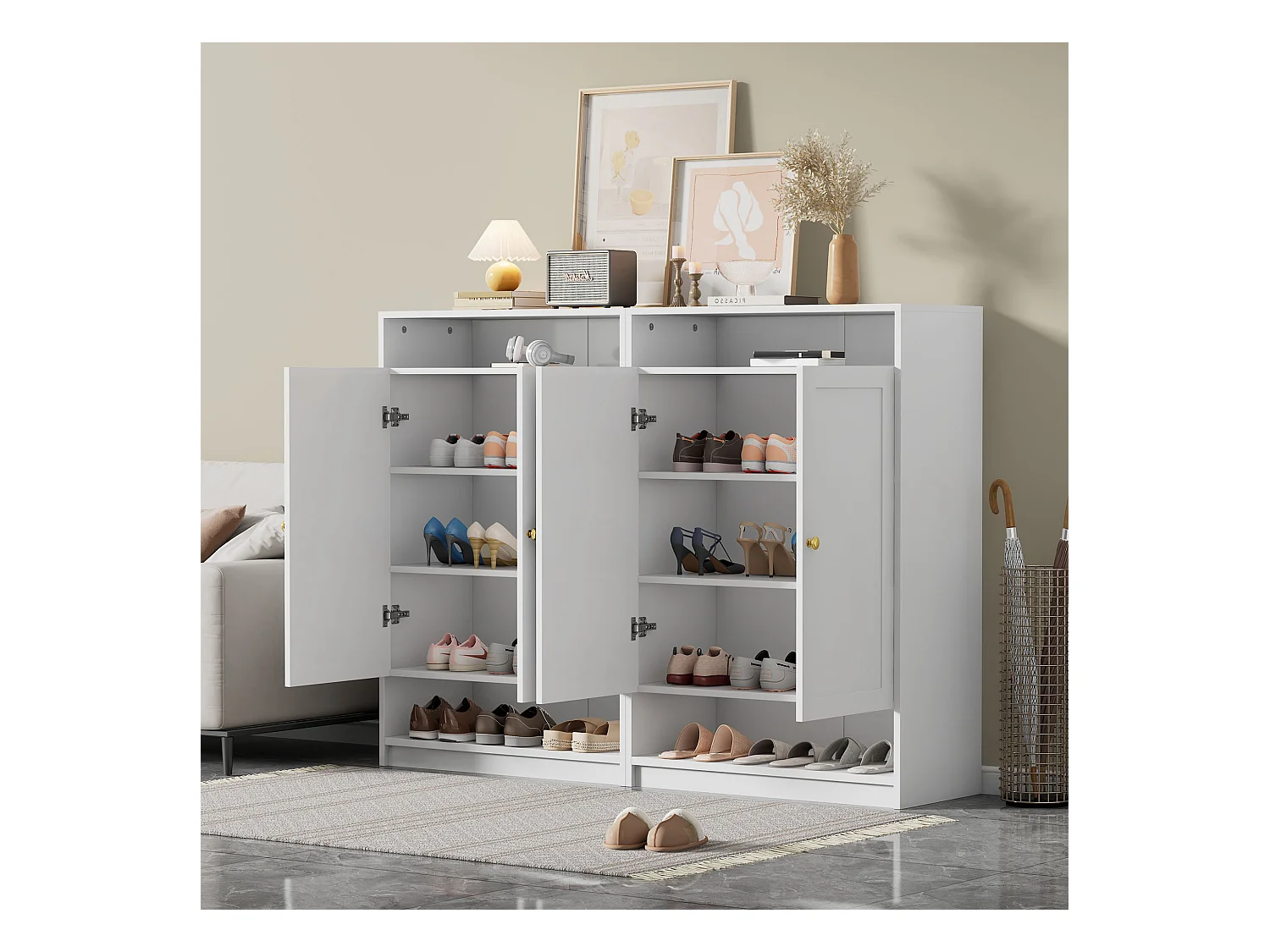 Nowoczesna szafka na buty - 73 x 34 x 109 - z regulowanymi półkami + 2 drzwi - płyta wiórowa - biała