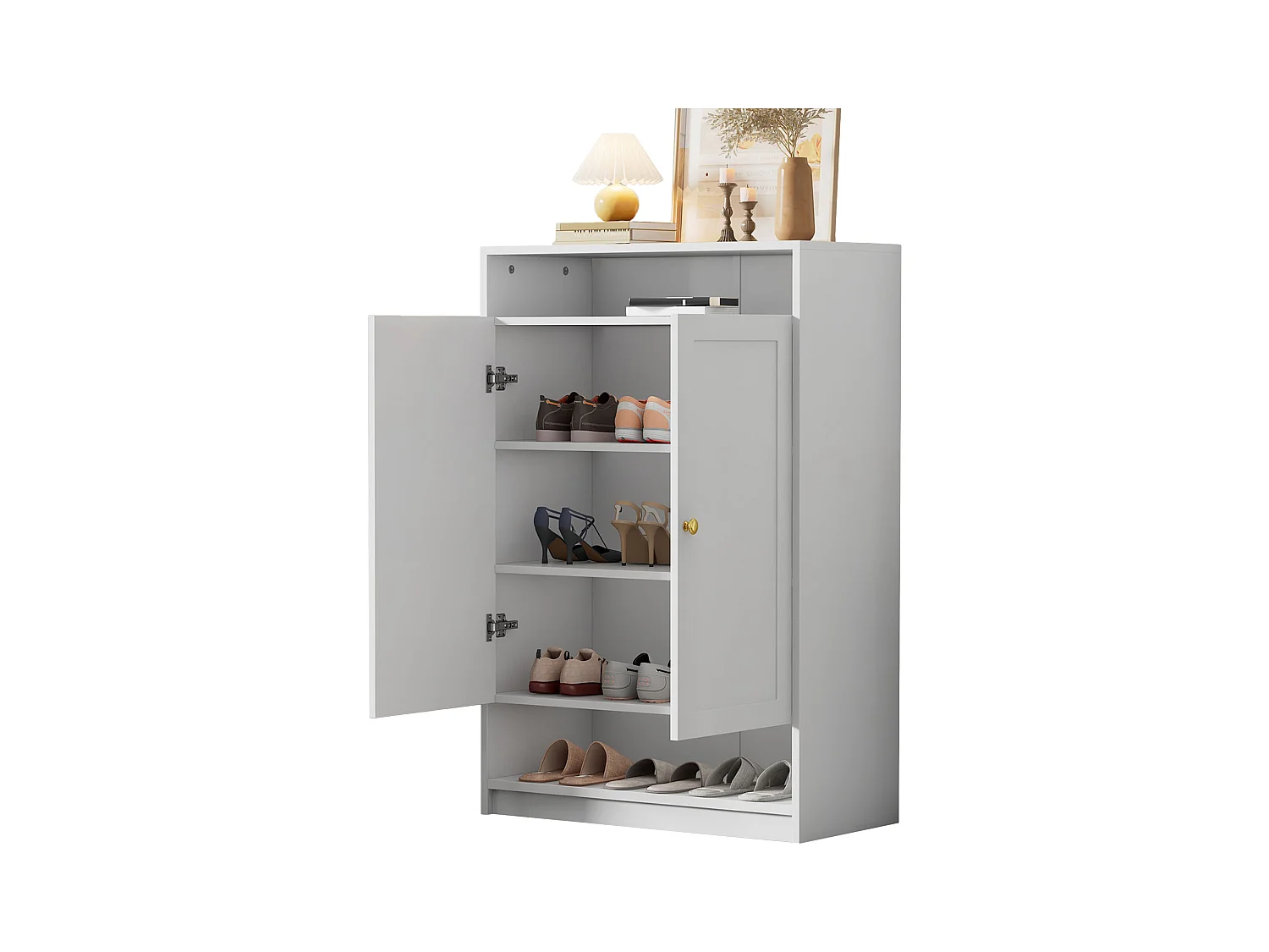 Nowoczesna szafka na buty - 73 x 34 x 109 - z regulowanymi półkami + 2 drzwi - płyta wiórowa - biała