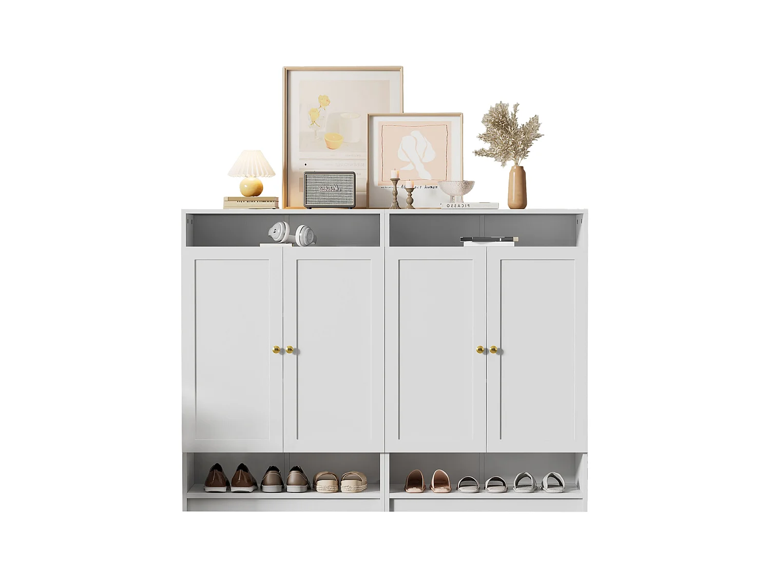 Nowoczesna szafka na buty - 73 x 34 x 109 - z regulowanymi półkami + 2 drzwi - płyta wiórowa - biała