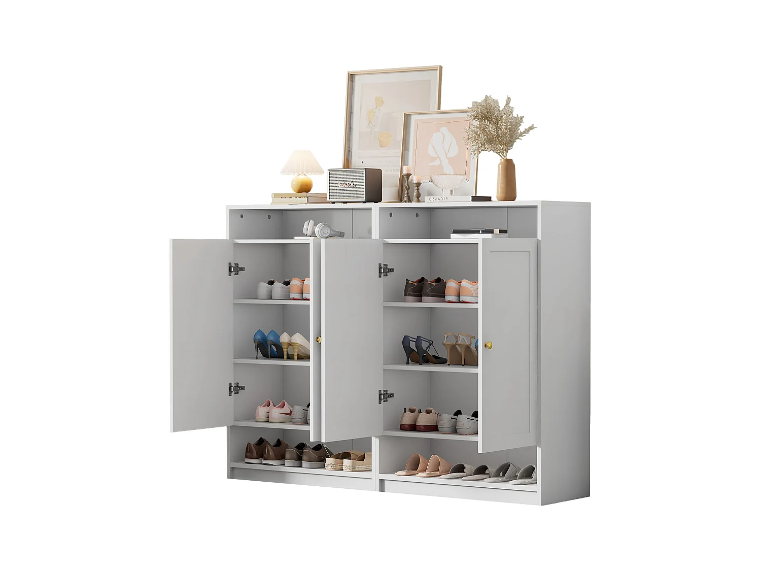 Nowoczesna szafka na buty - 73 x 34 x 109 - z regulowanymi półkami + 2 drzwi - płyta wiórowa - biała