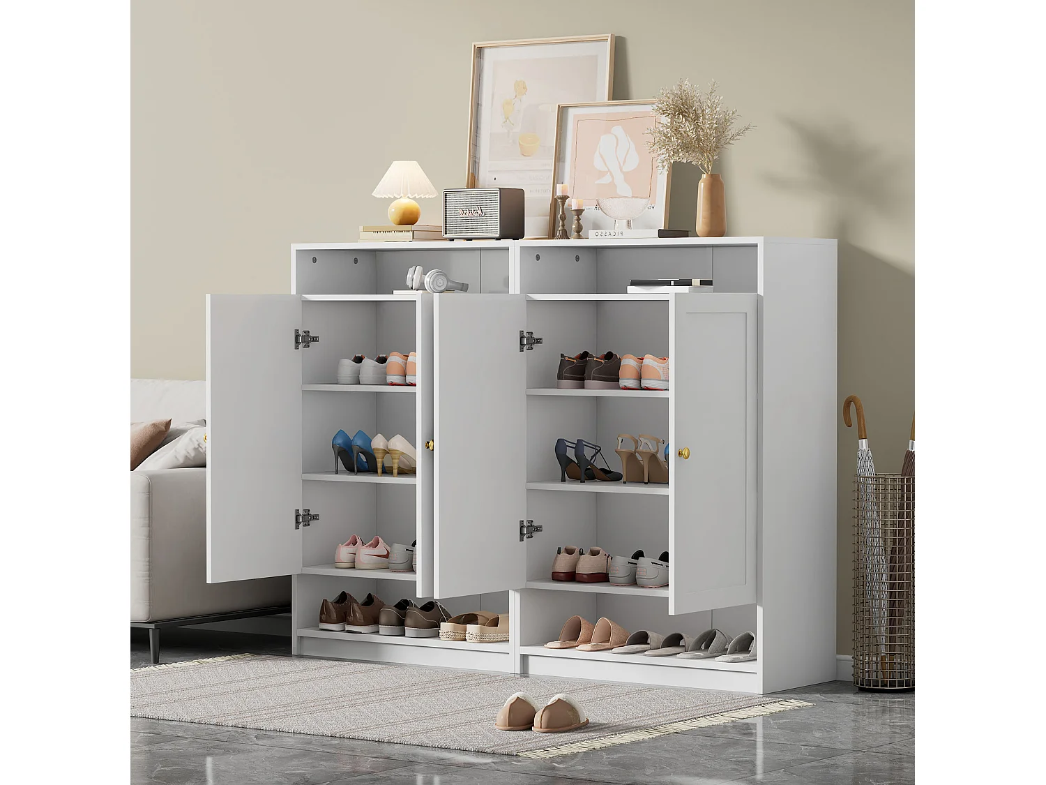 Meuble à chaussures moderne - 73 x 34 x 109 - avec étagères réglables + 2 portes - aggloméré - blanc