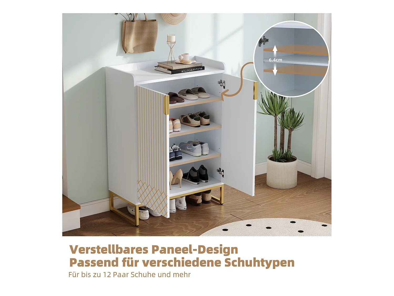 Nowoczesna szafka na buty 2-drzwiowa - 75 x 105 x 37 cm - półka 4-poziomowa - MDF - biała