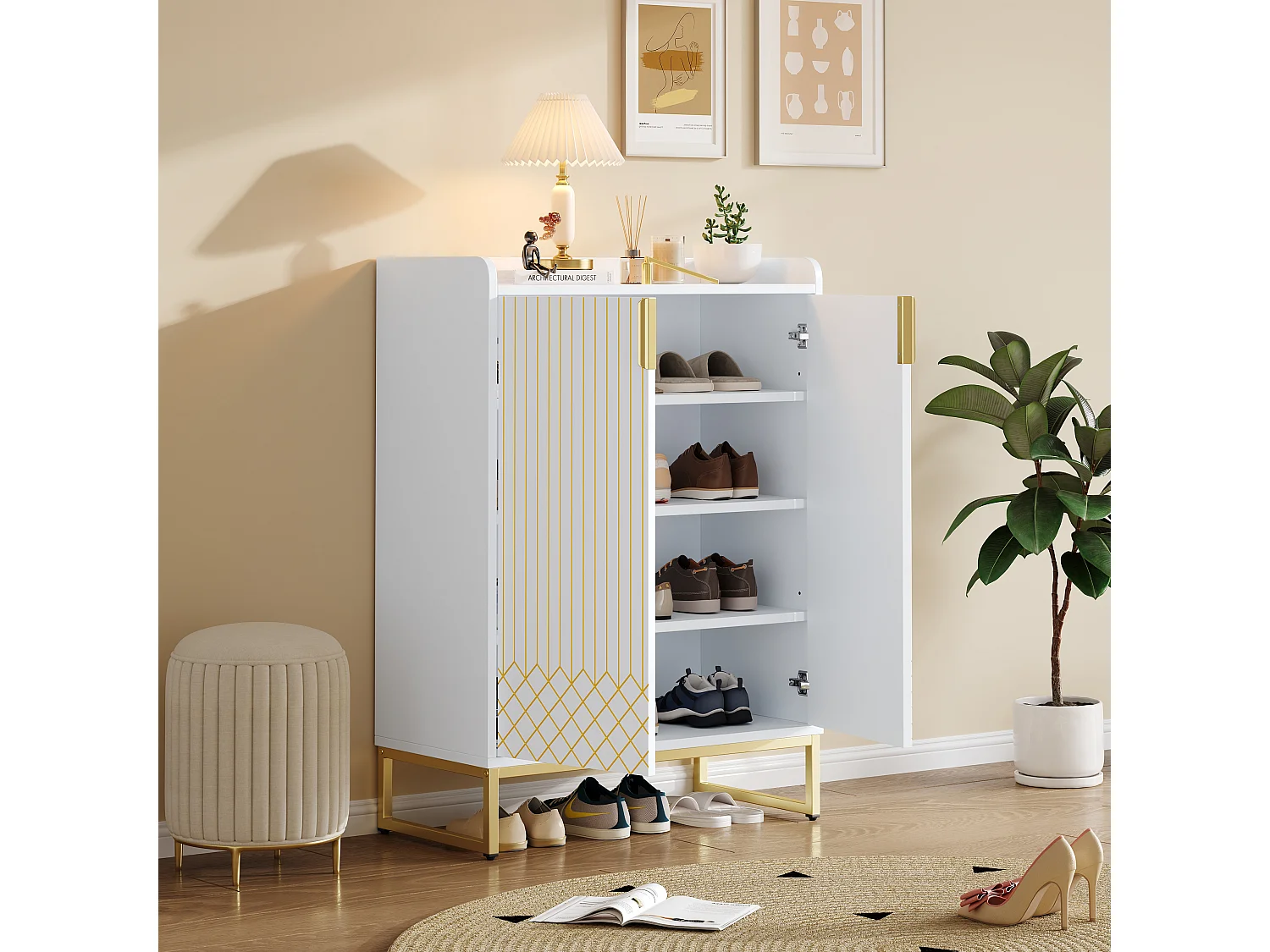 Meuble à chaussures moderne à 2 portes - 75 x 105 x 37 cm - étagère à 4 niveaux - MDF - Blanc