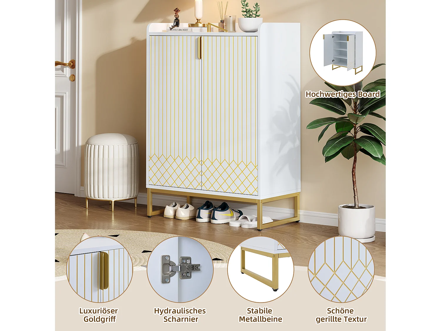 Meuble à chaussures moderne à 2 portes - 75 x 105 x 37 cm - étagère à 4 niveaux - MDF - Blanc