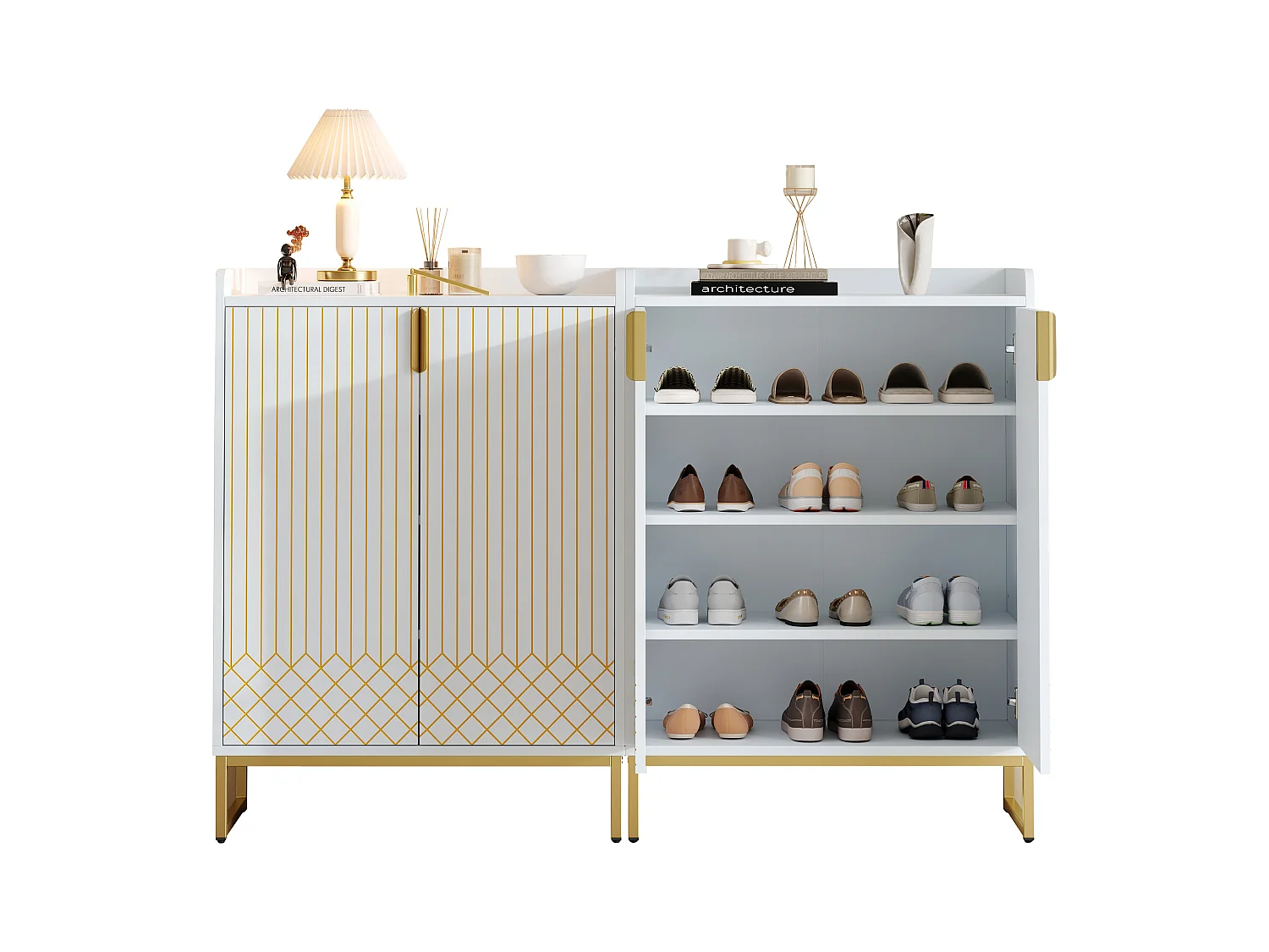 2 Meubles à chaussures moderne à 2 portes - 75 x 105 x 37 cm - étagère à 4 niveaux - MDF - Blanc