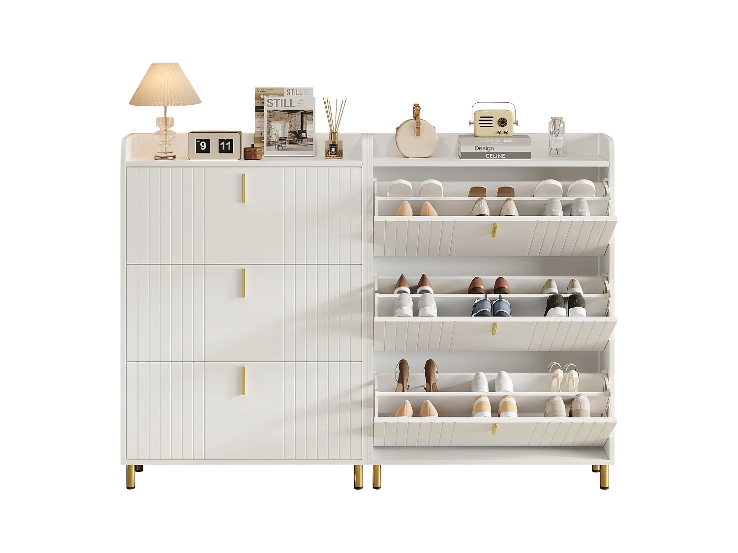 2 Meubles à chaussures à 3 portes - 2 x 80 x 23 x 123.5 cm - étagère réglable avec 6 compcompartiments - MDF - blanc