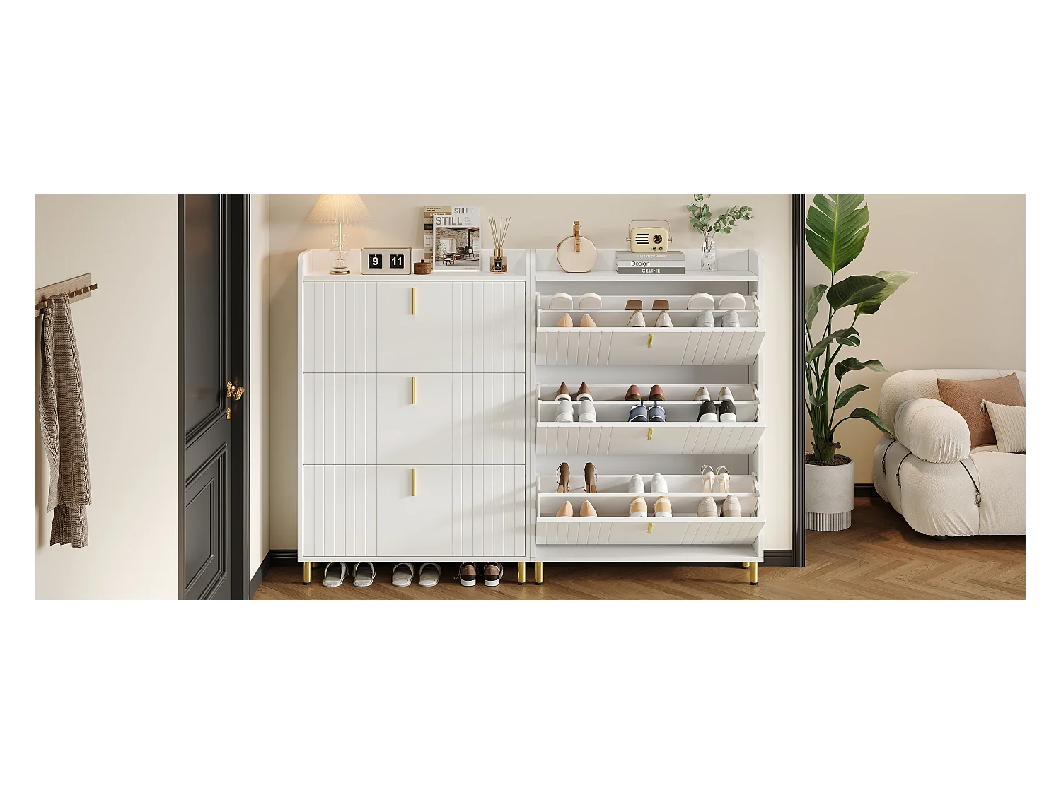 2 Meubles à chaussures à 3 portes - 2 x 80 x 23 x 123.5 cm - étagère réglable avec 6 compcompartiments - MDF - blanc