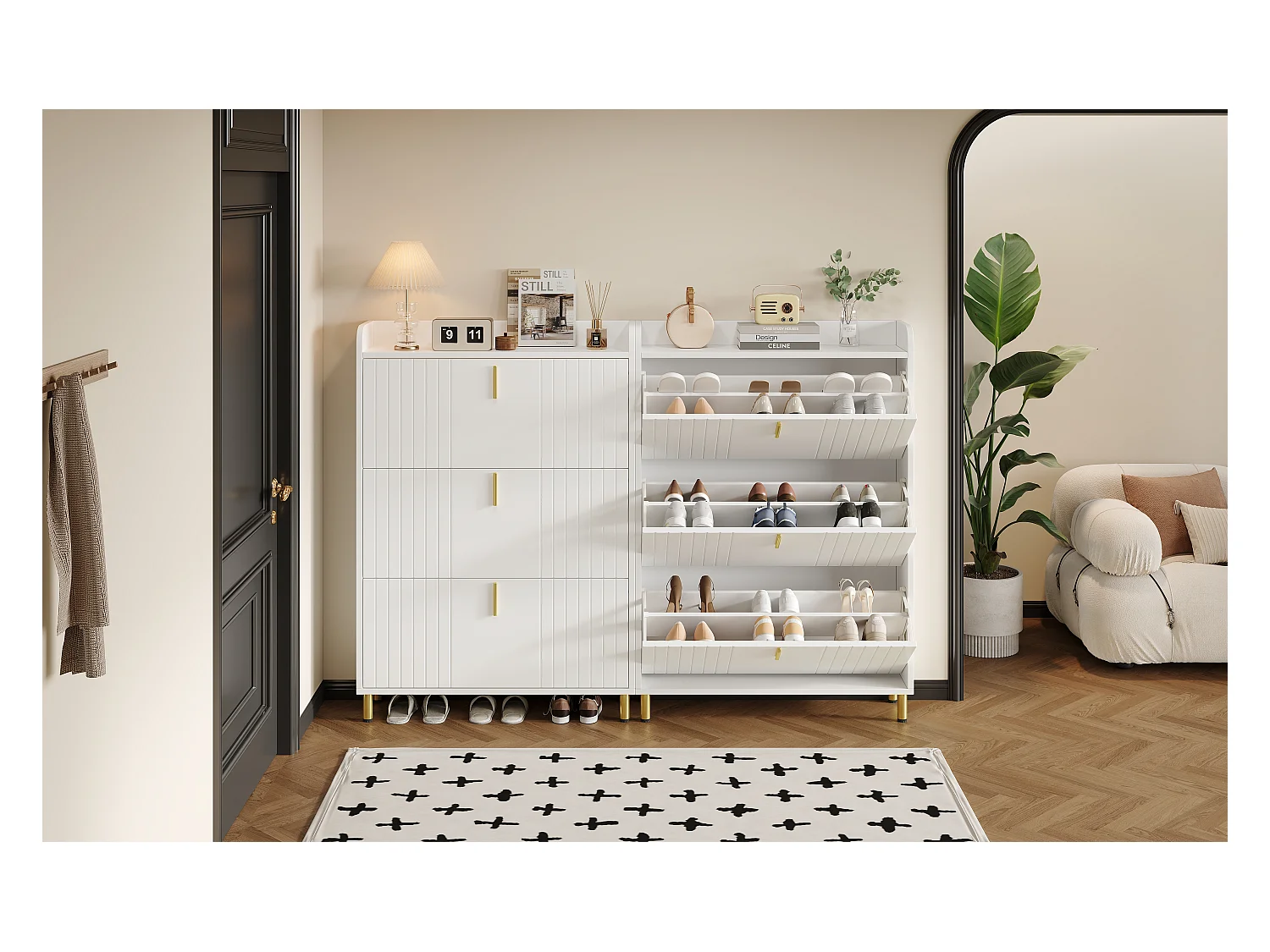 2 Meubles à chaussures à 3 portes - 2 x 80 x 23 x 123.5 cm - étagère réglable avec 6 compcompartiments - MDF - blanc