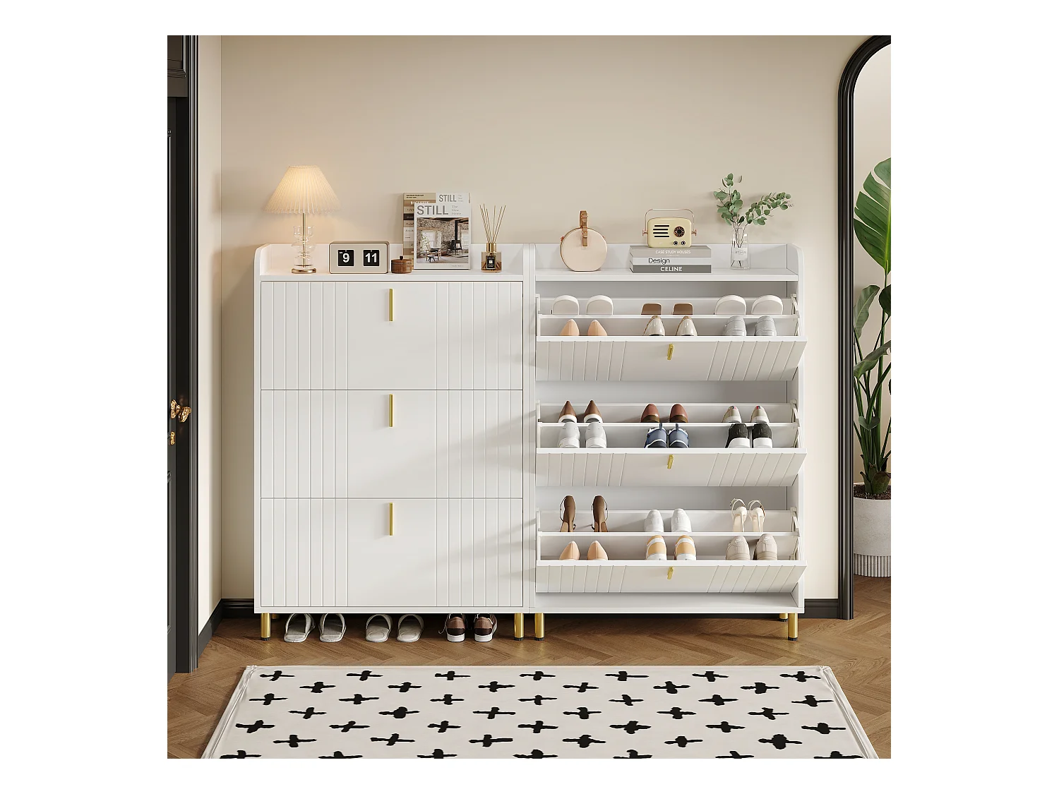 2 Meubles à chaussures à 3 portes - 2 x 80 x 23 x 123.5 cm - étagère réglable avec 6 compcompartiments - MDF - blanc