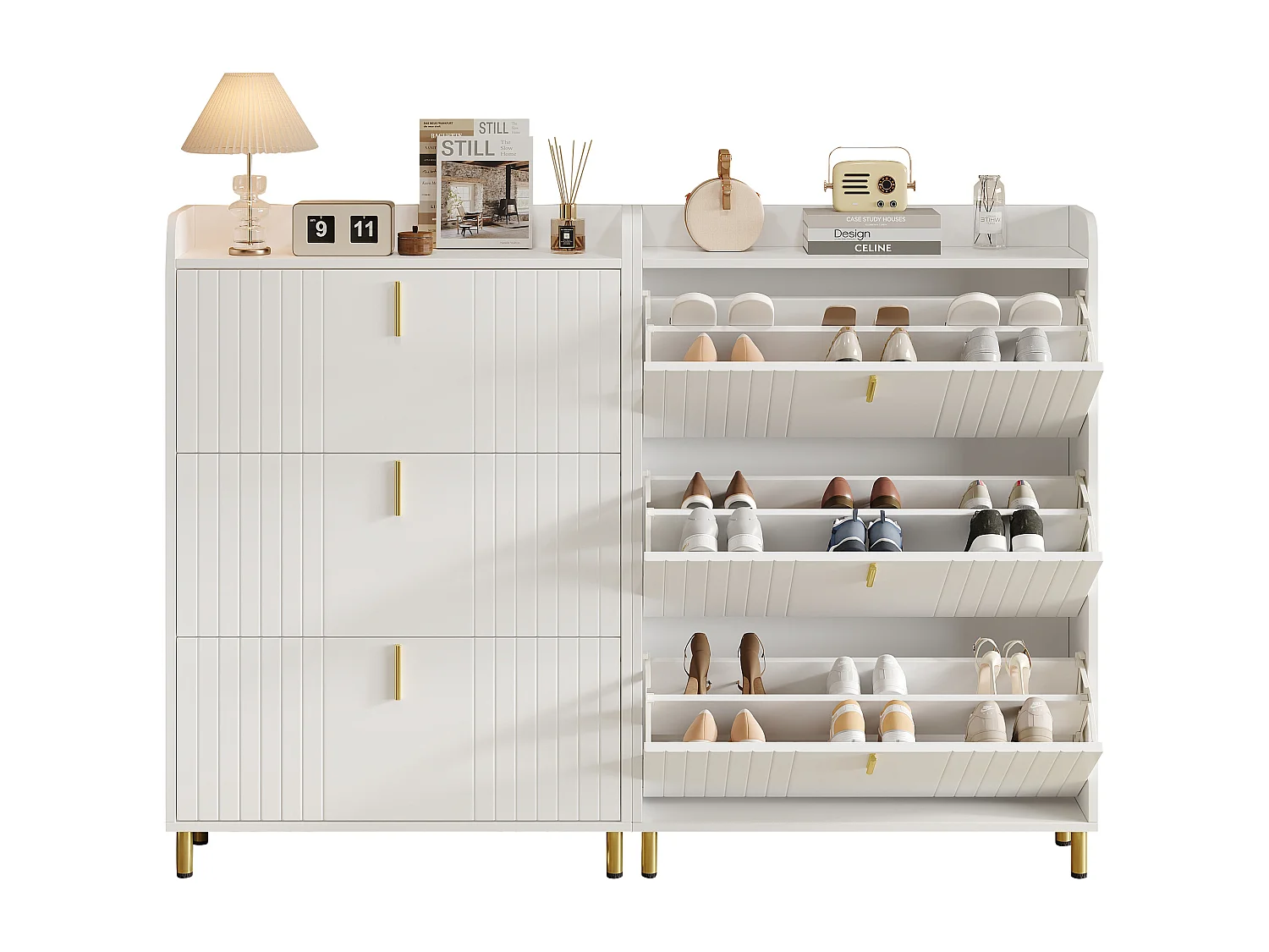 2 skoskabe med tre døre - 2 x 80 x 23 x 123,5 cm - Justerbar hylde med 6 rum - MDF - Hvid