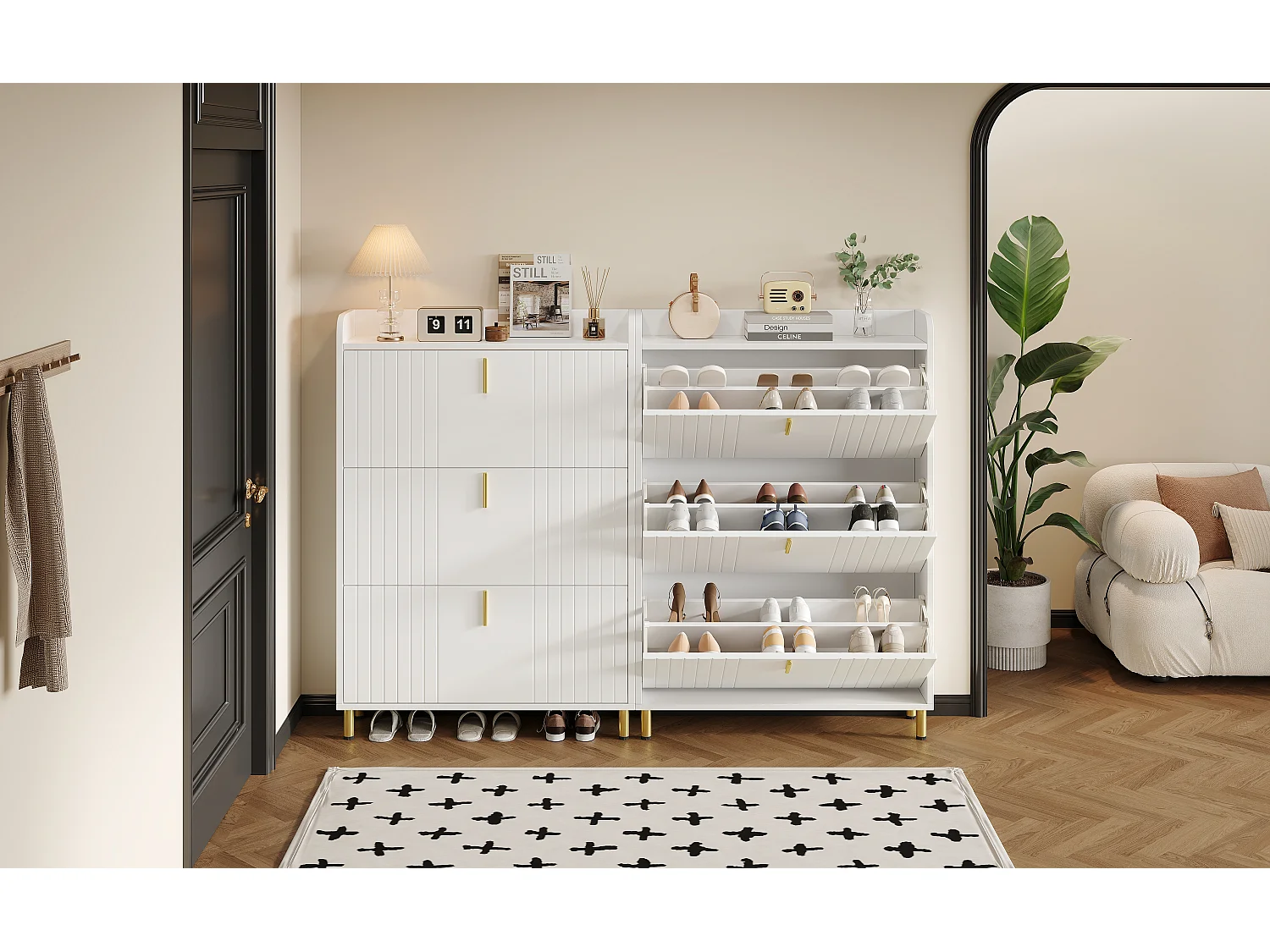 2 skoskabe med tre døre - 2 x 80 x 23 x 123,5 cm - Justerbar hylde med 6 rum - MDF - Hvid
