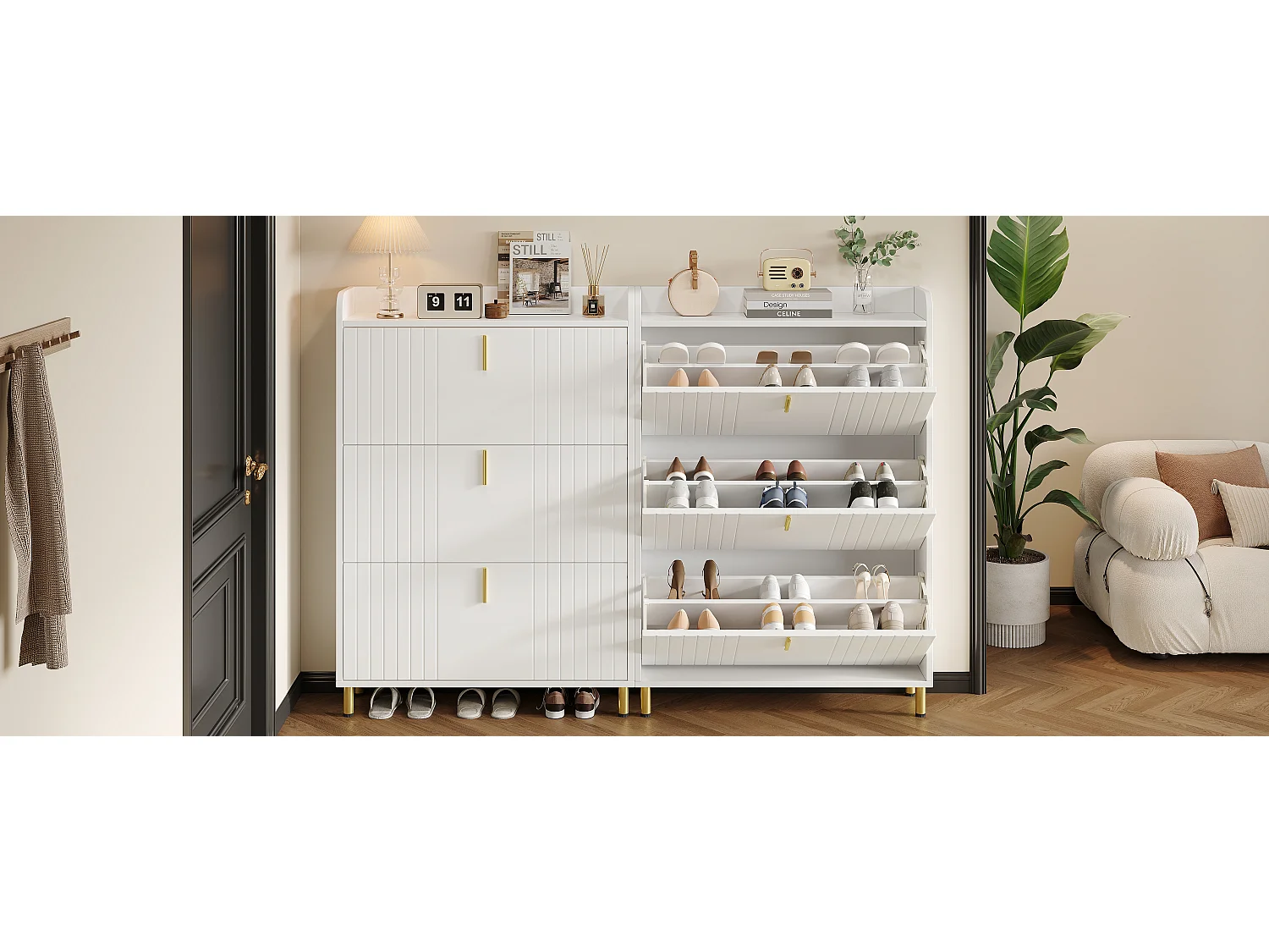 2 skoskabe med tre døre - 2 x 80 x 23 x 123,5 cm - Justerbar hylde med 6 rum - MDF - Hvid