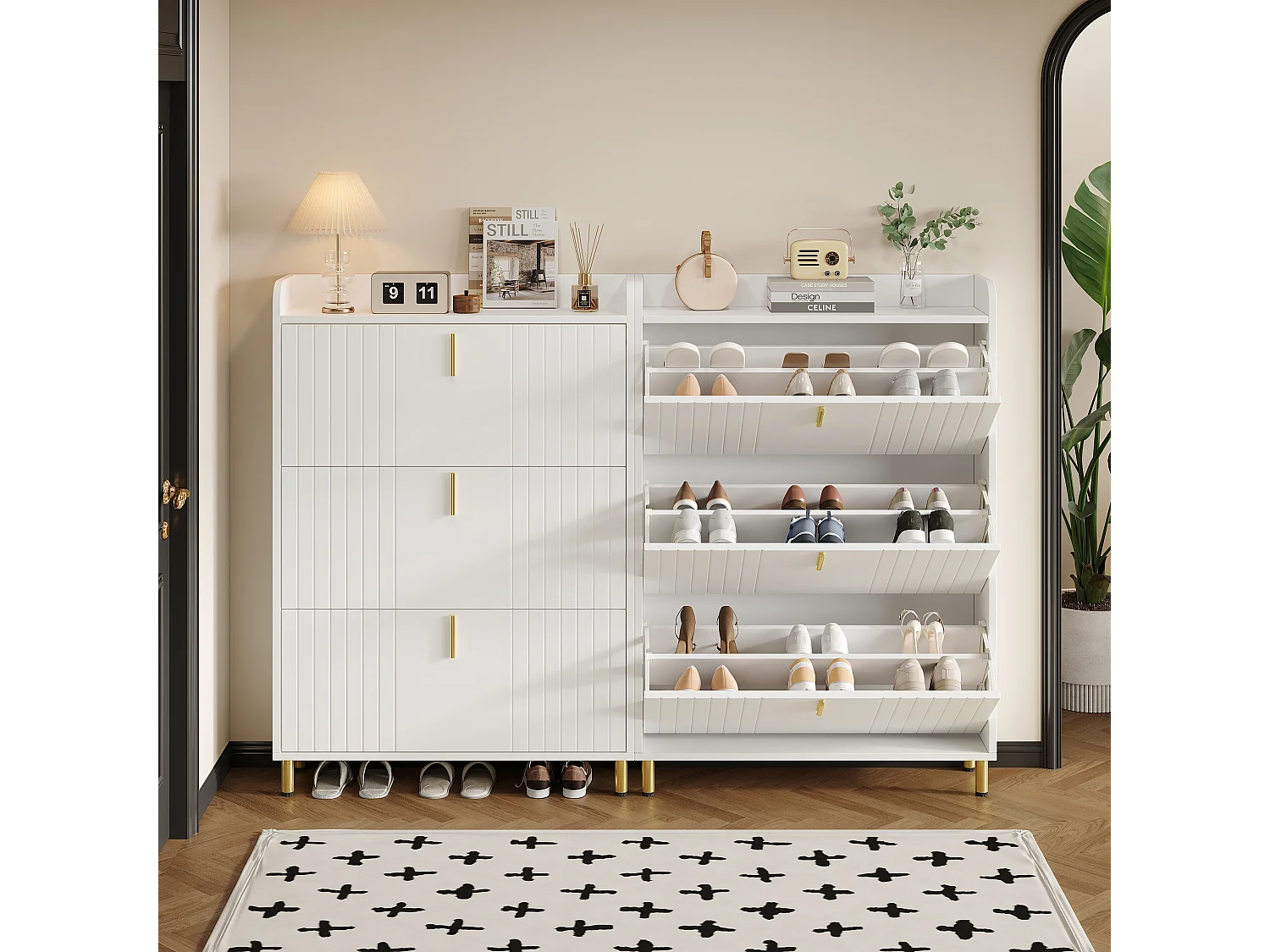2 skoskabe med tre døre - 2 x 80 x 23 x 123,5 cm - Justerbar hylde med 6 rum - MDF - Hvid