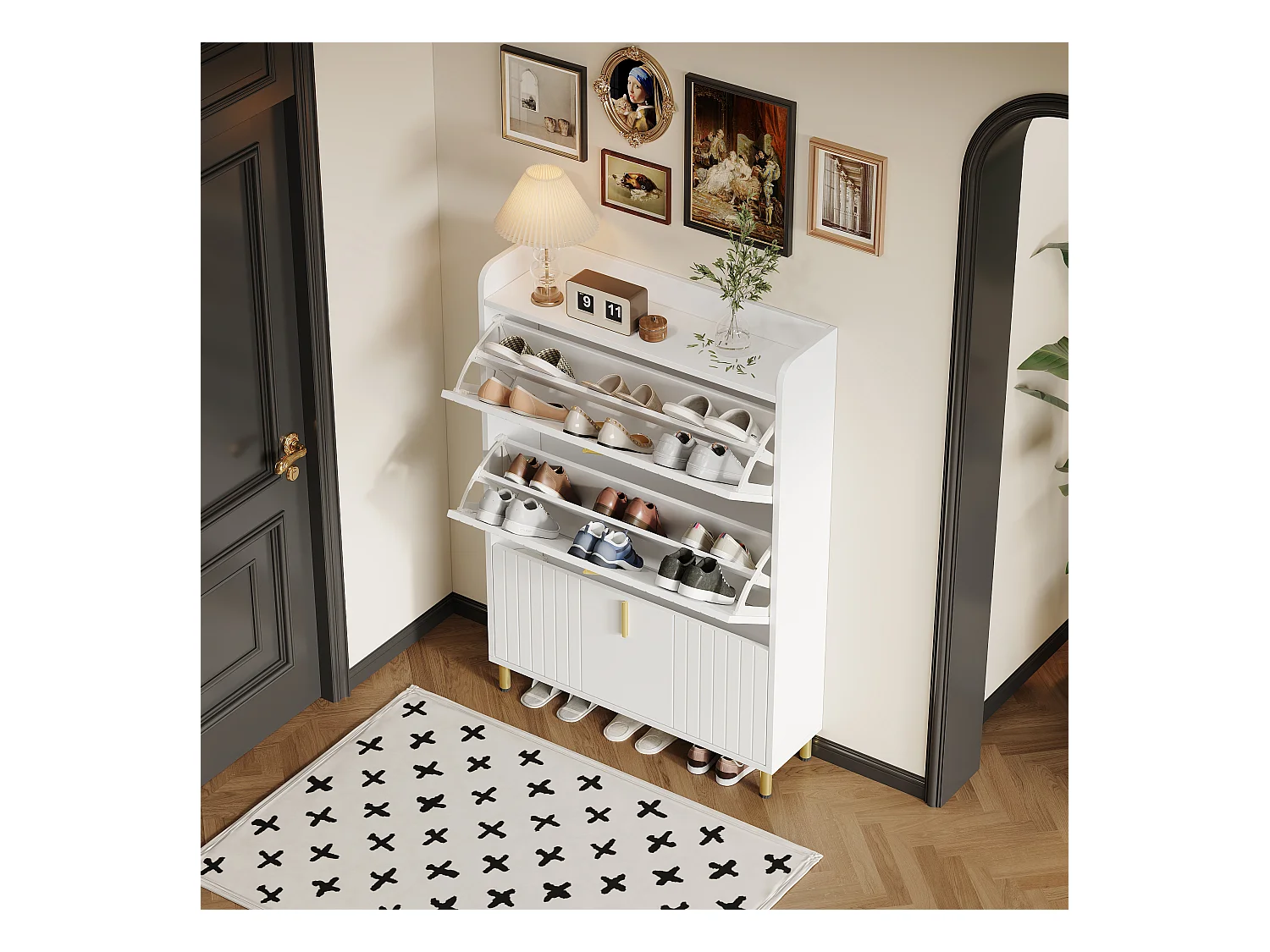 Meuble à chaussures à 3 portes - 80 x 23 x 123.5 cm - étagère réglable avec 6 compcompartiments - MDF - blanc