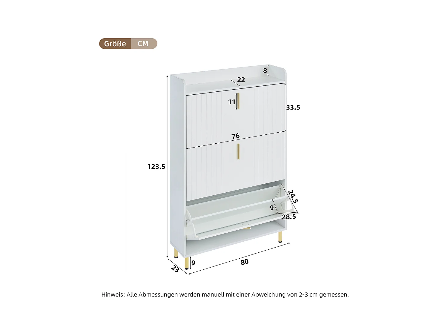 Meuble à chaussures à 3 portes - 80 x 23 x 123.5 cm - étagère réglable avec 6 compcompartiments - MDF - blanc