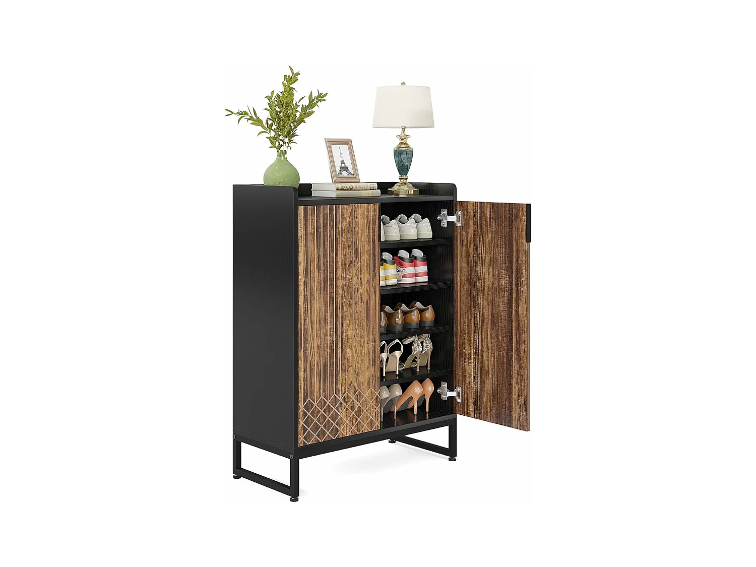 25 par szafek na buty, duża szafka z półkami i czarną ramą do przedpokoju