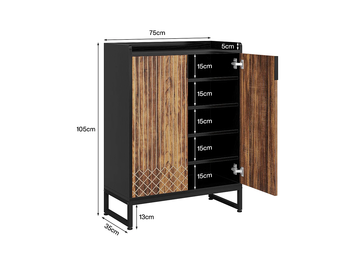 25 par szafek na buty, duża szafka z półkami i czarną ramą do przedpokoju