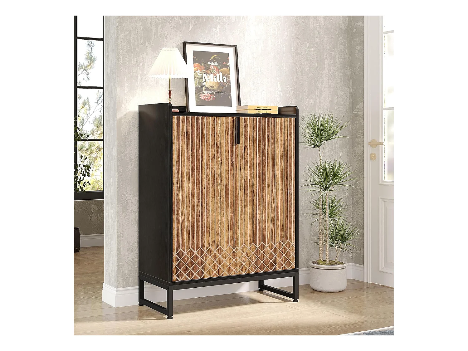 25 par szafek na buty, duża szafka z półkami i czarną ramą do przedpokoju