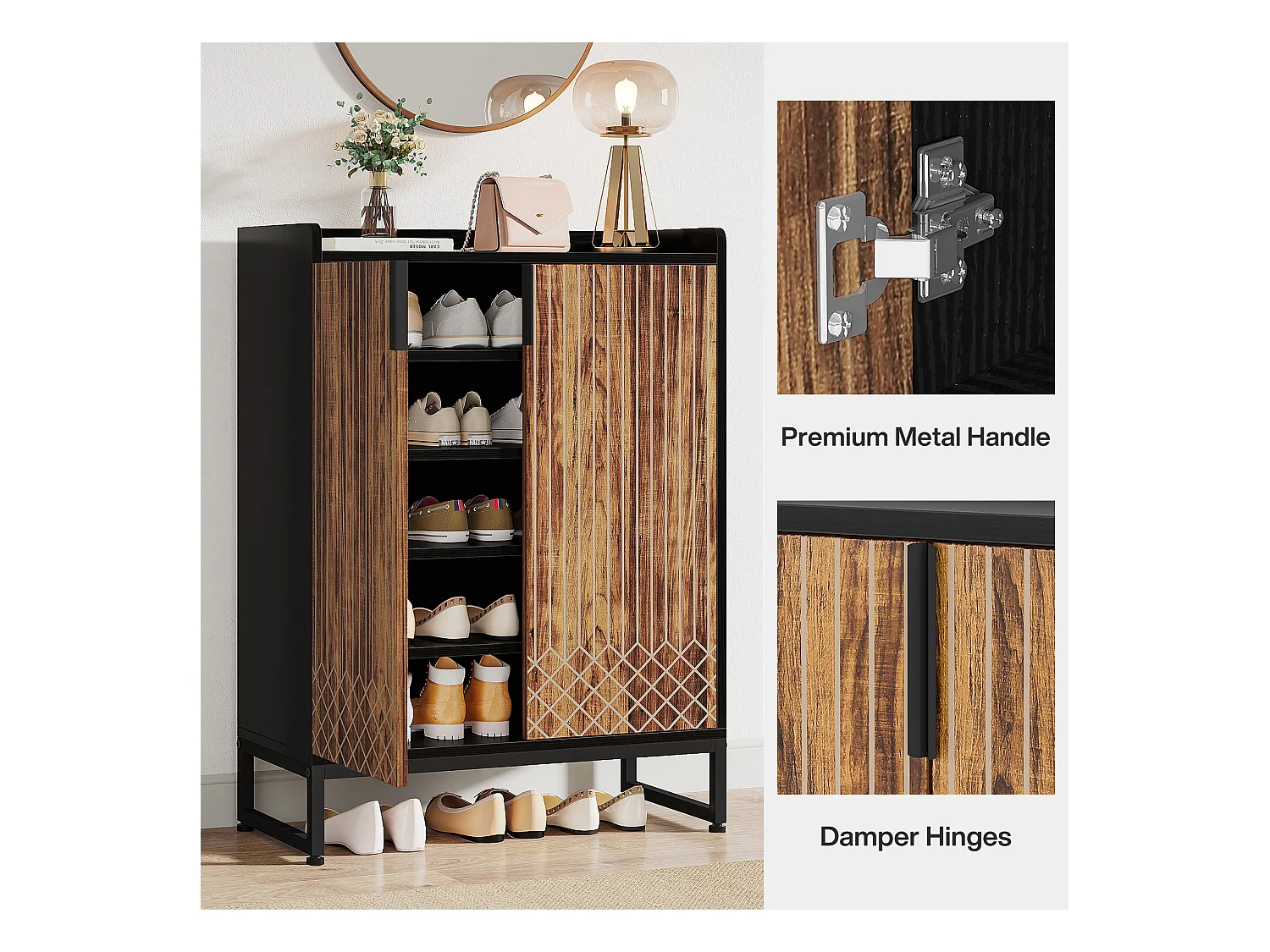 25 par szafek na buty, duża szafka z półkami i czarną ramą do przedpokoju