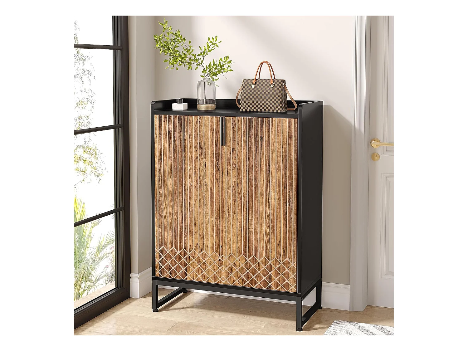 25 par szafek na buty, duża szafka z półkami i czarną ramą do przedpokoju