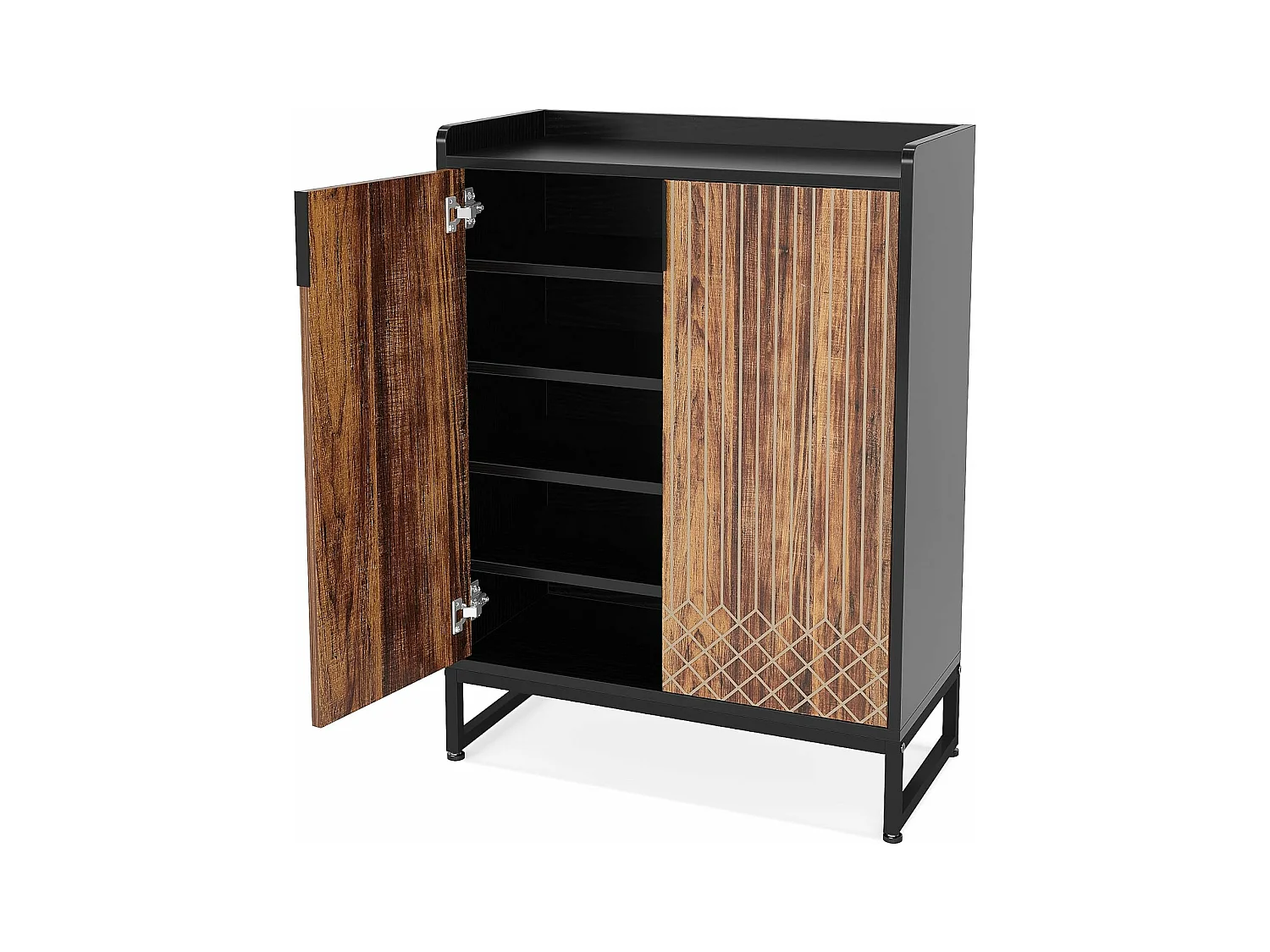 25 par szafek na buty, duża szafka z półkami i czarną ramą do przedpokoju