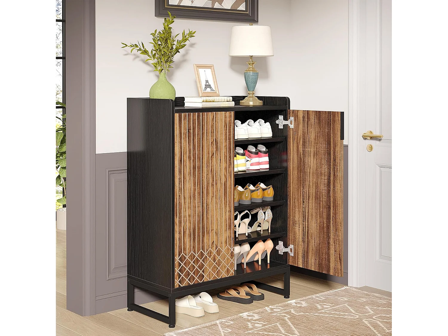 25 Paires de placards à Chaussures, Armoire Etagere Grande Capacité avec Cadre en Noir pour Entree